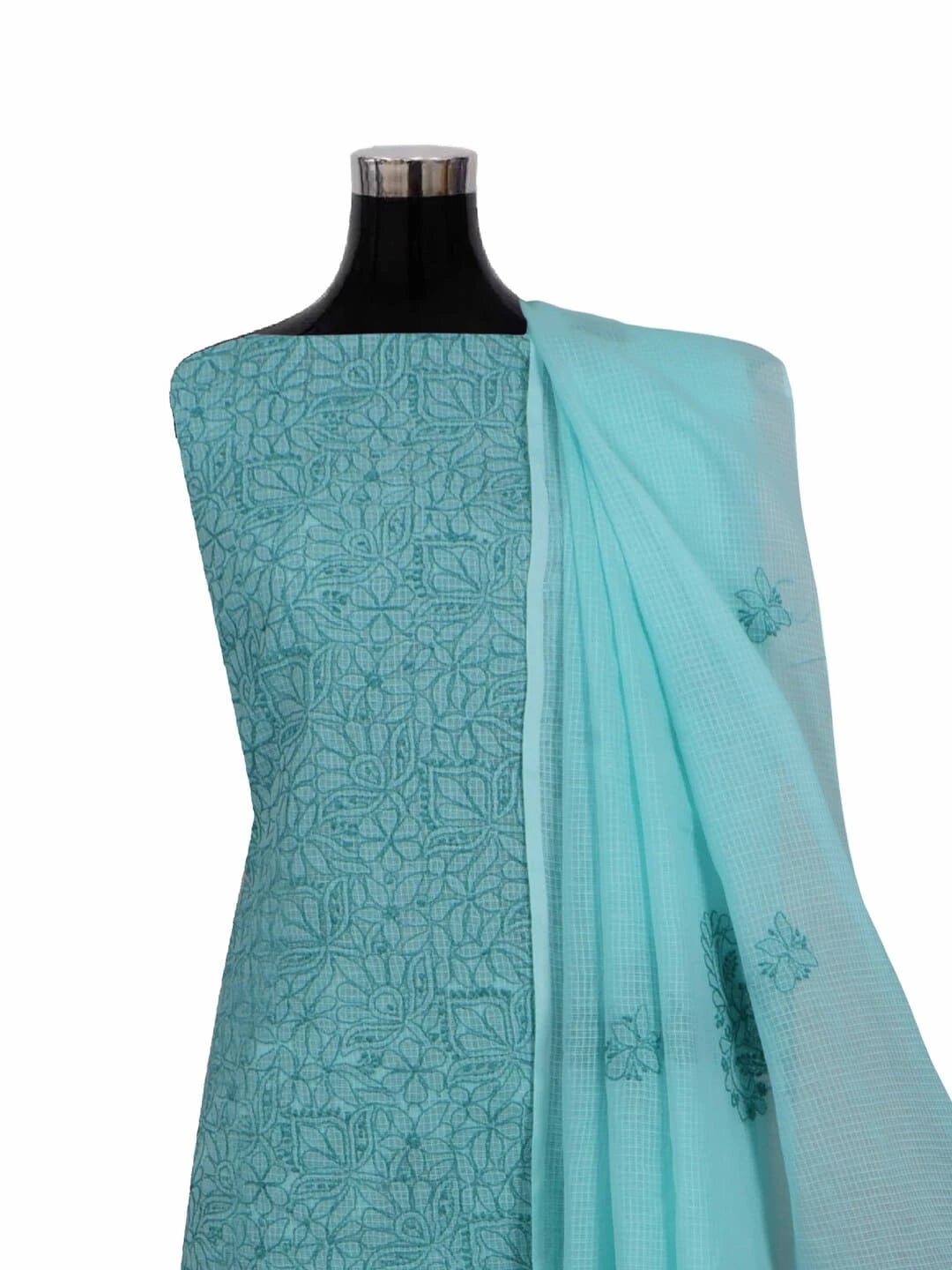 Ada Hand Embroidered Sea Green Kota Lucknowi Chikankari Unstitched Kurta Dupatta Set 01A219581