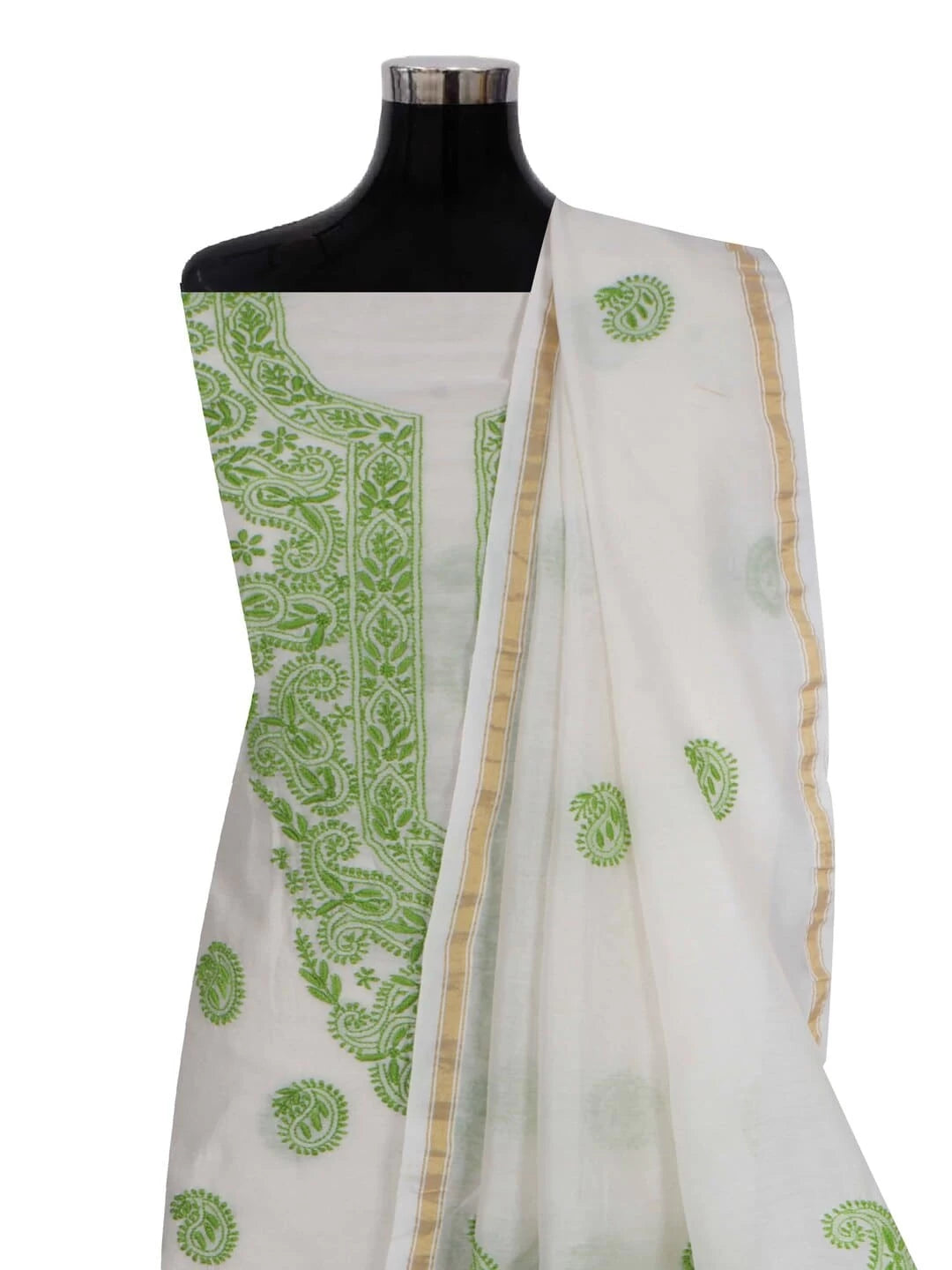 Ada Hand Embroidered Off White Chanderi Lucknowi Chikankari Unstitched Kurta Dupatta Set 01A99849