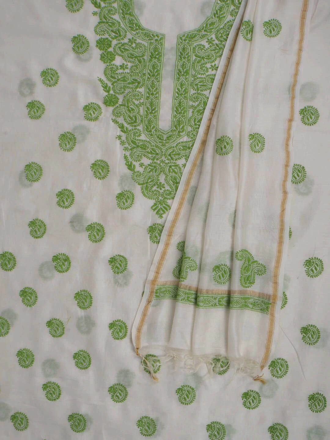 Ada Hand Embroidered Off White Chanderi Lucknowi Chikankari Unstitched Kurta Dupatta Set 01A99849