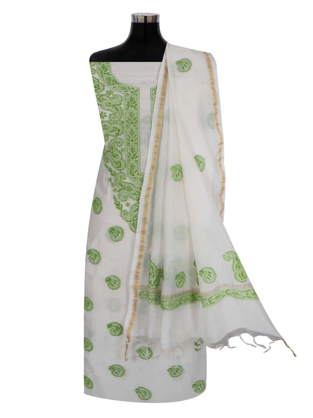 Ada Hand Embroidered Off White Chanderi Lucknowi Chikankari Unstitched Kurta Dupatta Set 01A99849