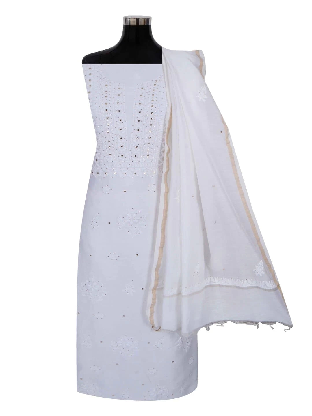 Ada Hand Embroidered White Chanderi Lucknowi Chikankari Unstitched Kurta Dupatta Set With Muqaish Work 01A227473
