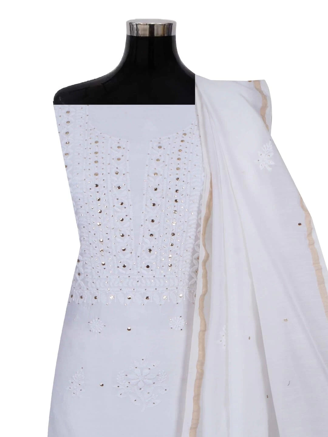 Ada Hand Embroidered White Chanderi Lucknowi Chikankari Unstitched Kurta Dupatta Set With Muqaish Work 01A227473