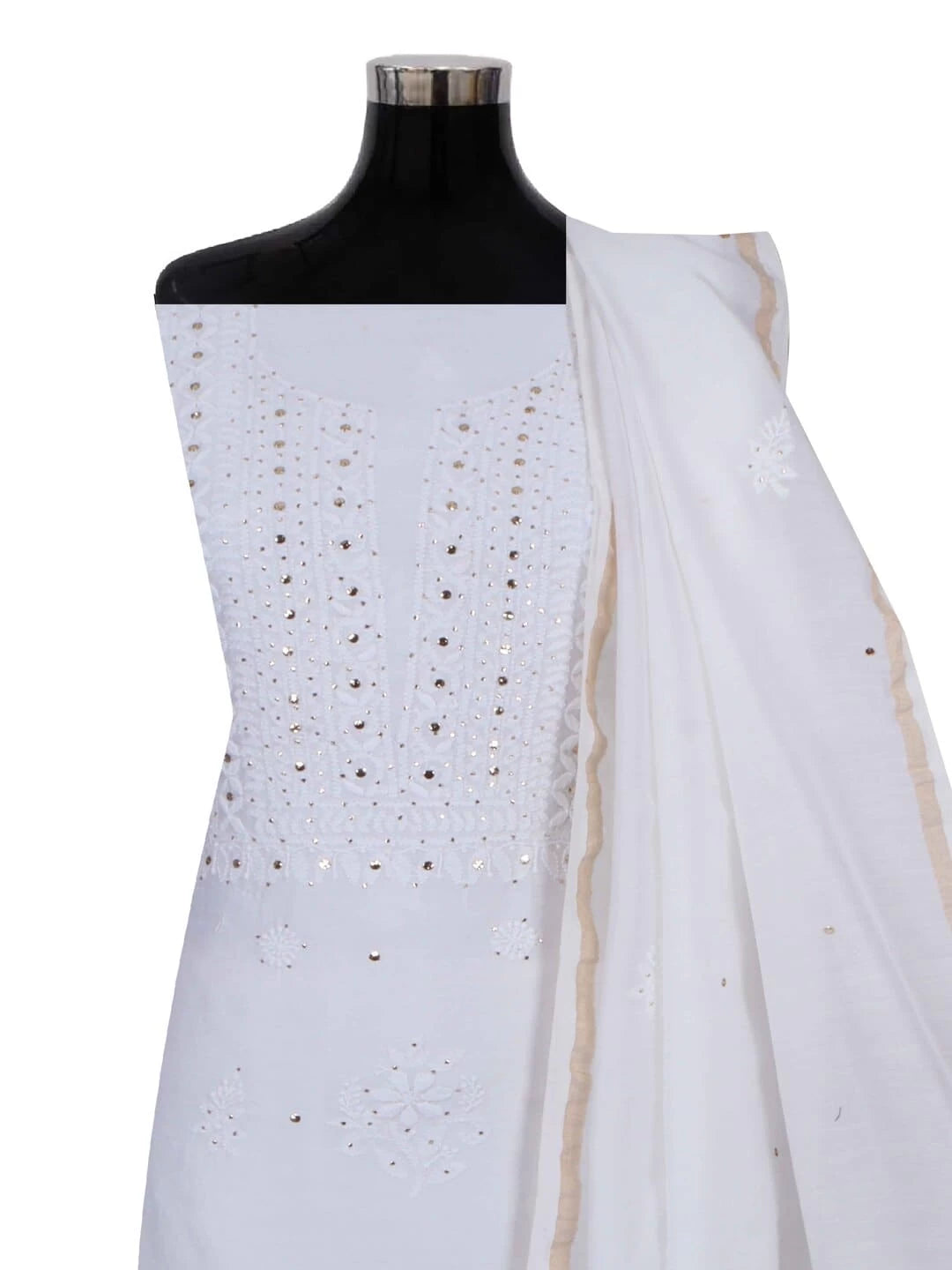 Ada Hand Embroidered White Chanderi Lucknowi Chikankari Unstitched Kurta Dupatta Set With Muqaish Work 01A227473