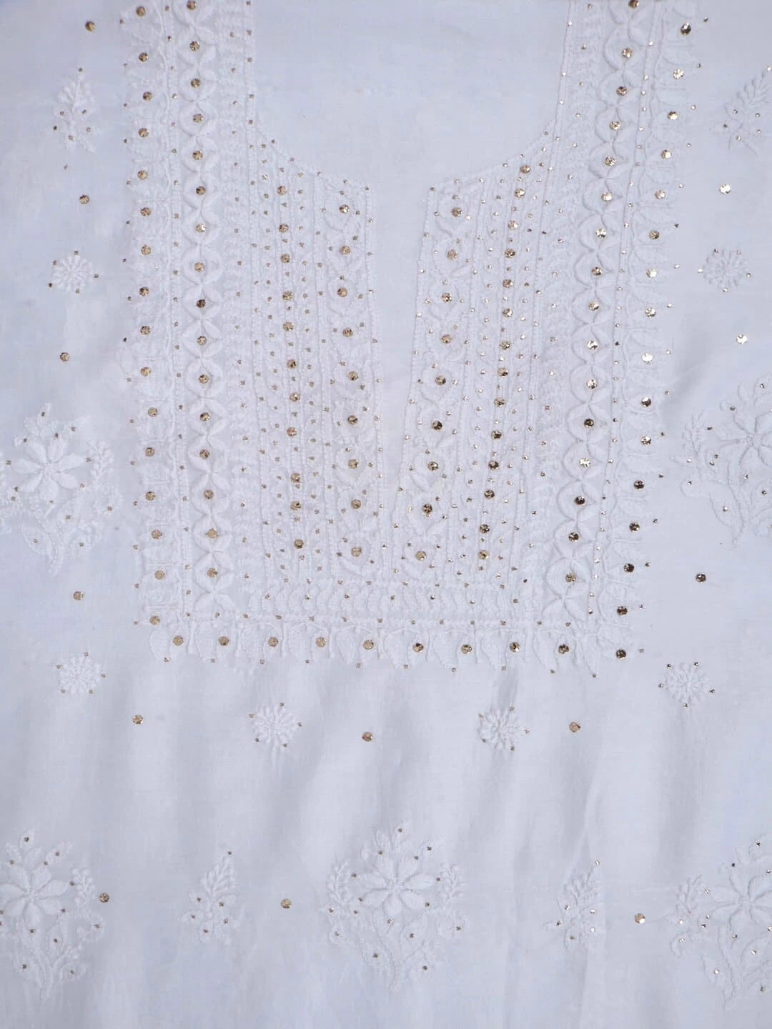 Ada Hand Embroidered White Chanderi Lucknowi Chikankari Unstitched Kurta Dupatta Set With Muqaish Work 01A227473