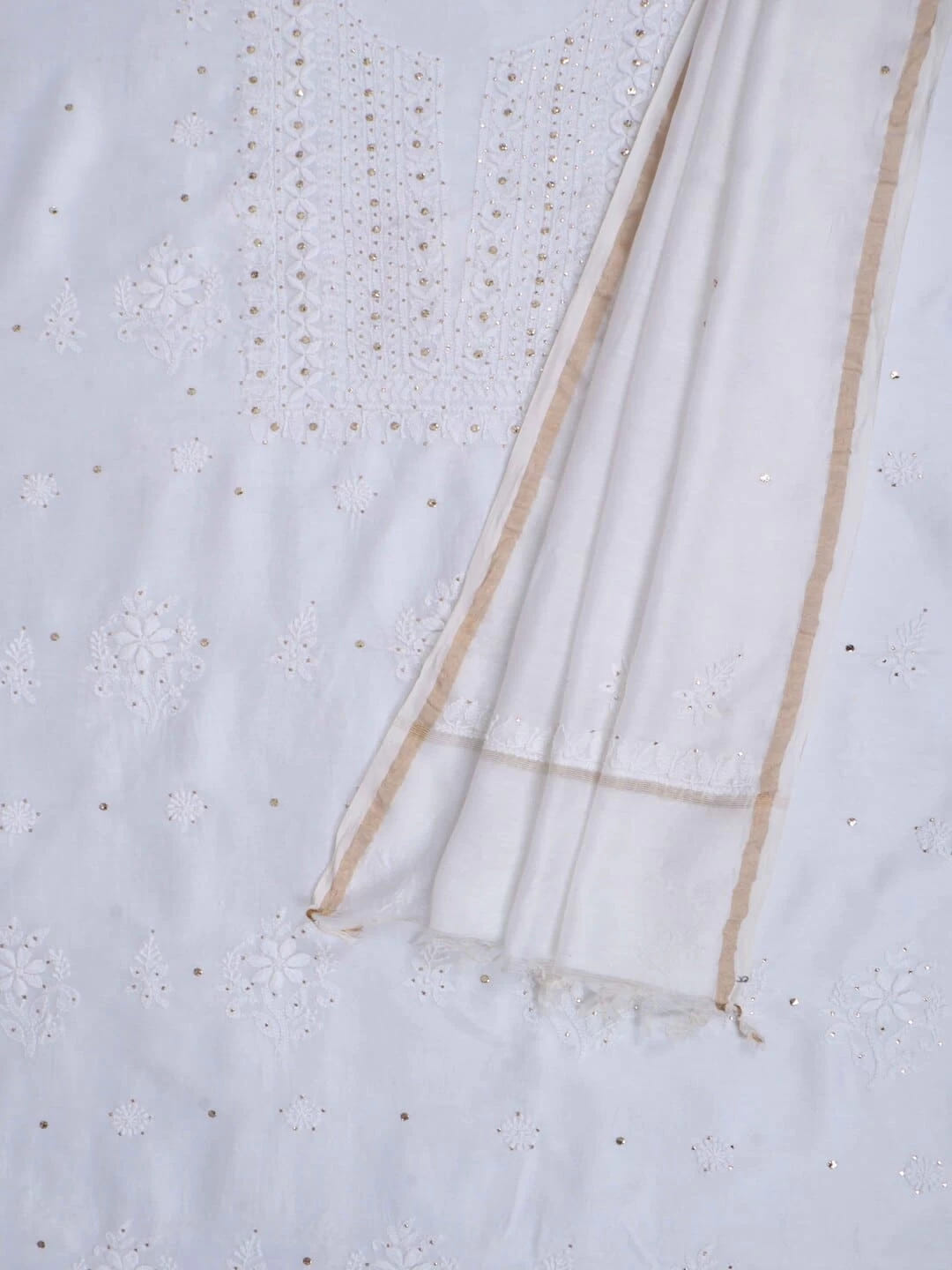 Ada Hand Embroidered White Chanderi Lucknowi Chikankari Unstitched Kurta Dupatta Set With Muqaish Work 01A227473