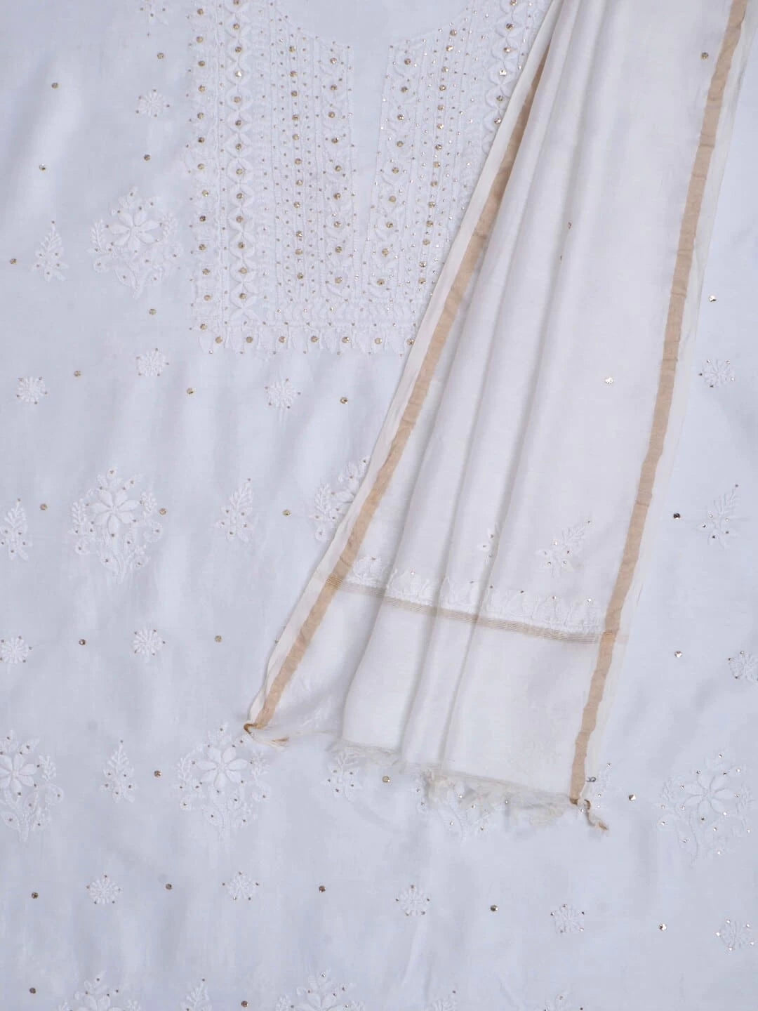 Ada Hand Embroidered White Chanderi Lucknowi Chikankari Unstitched Kurta Dupatta Set With Muqaish Work 01A227473