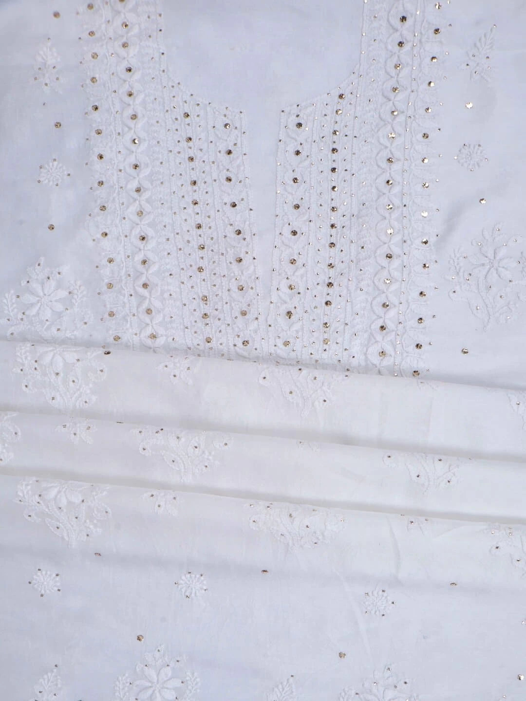 Ada Hand Embroidered White Chanderi Lucknowi Chikankari Unstitched Kurta Dupatta Set With Muqaish Work 01A227473