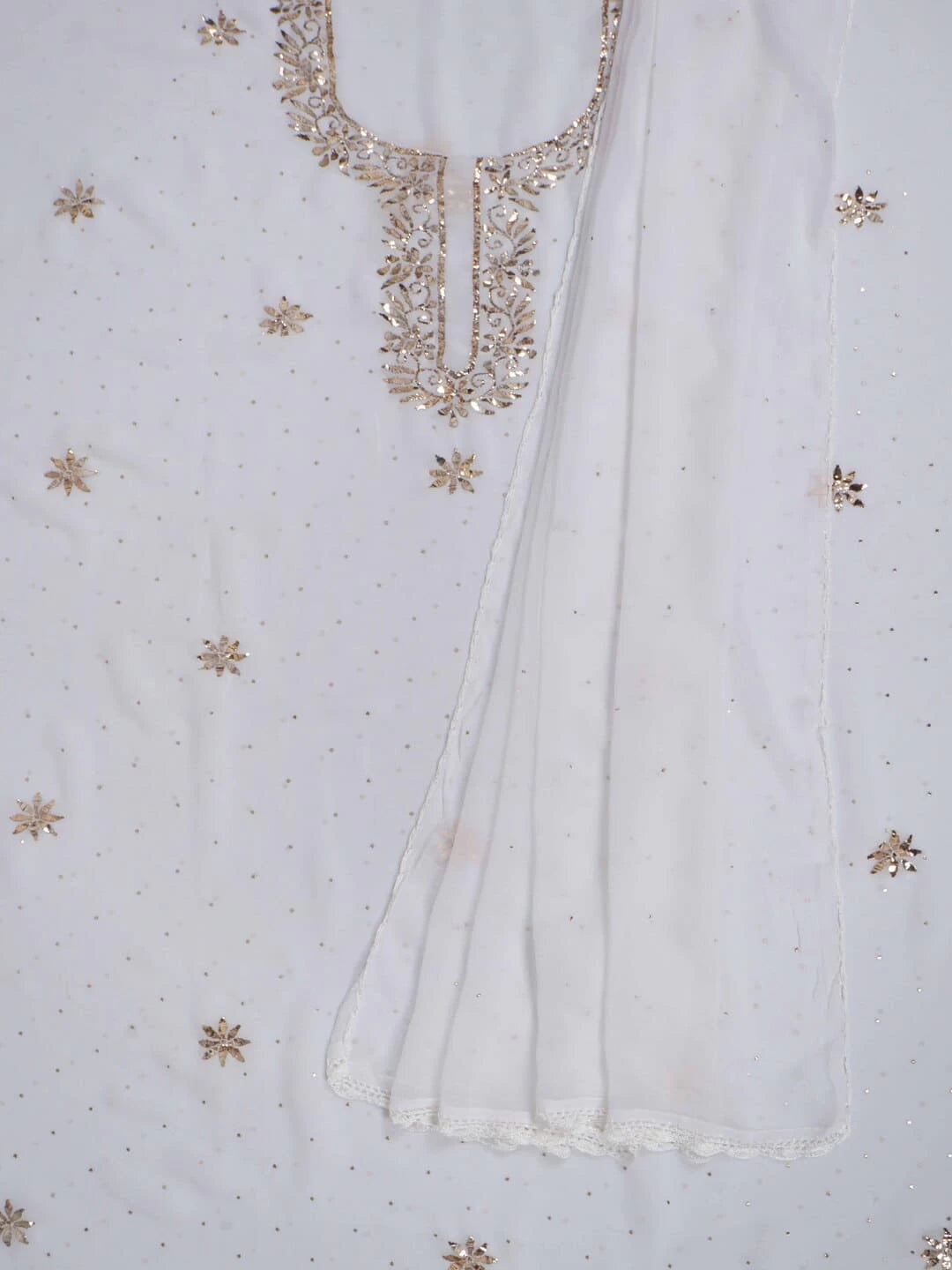Ada Hand Embroidered White Georgette Lucknowi Chikankari Unstitched Kurta Dupatta Set with Muqaish Work 01A248615