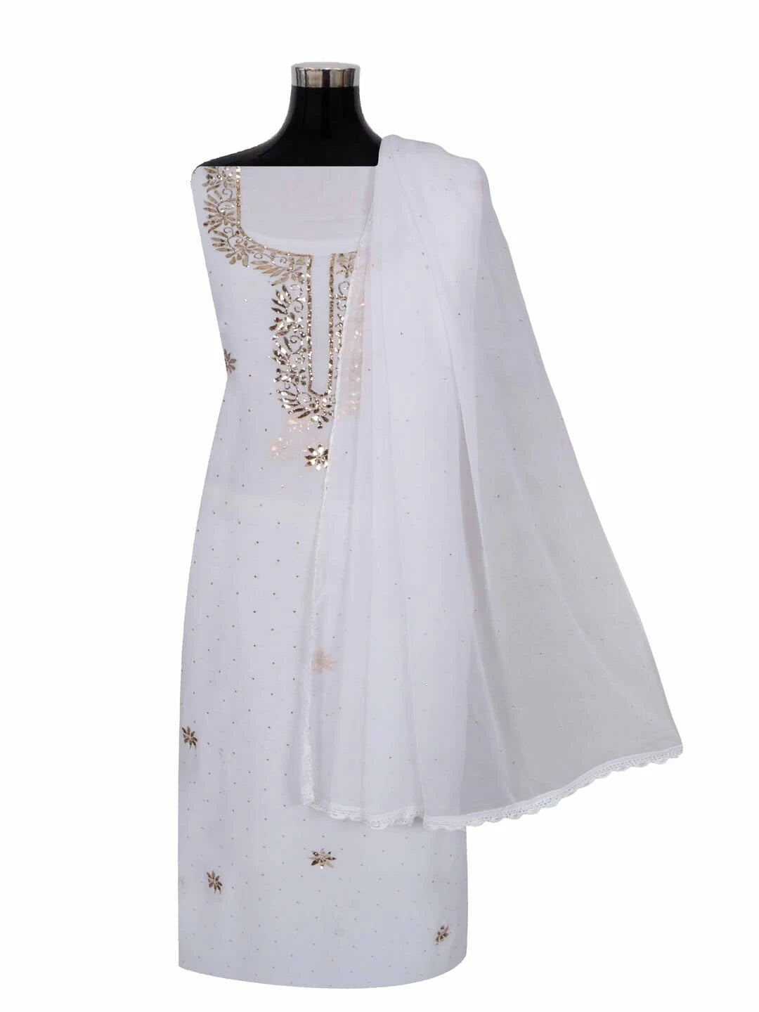 Ada Hand Embroidered White Georgette Lucknowi Chikankari Unstitched Kurta Dupatta Set with Muqaish Work 01A248615