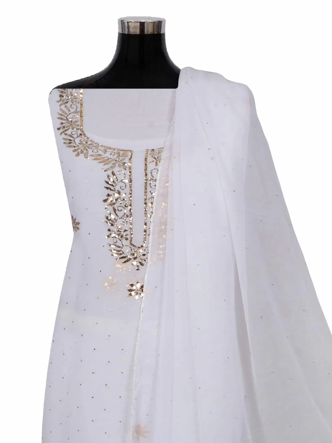 Ada Hand Embroidered White Georgette Lucknowi Chikankari Unstitched Kurta Dupatta Set with Muqaish Work 01A248615