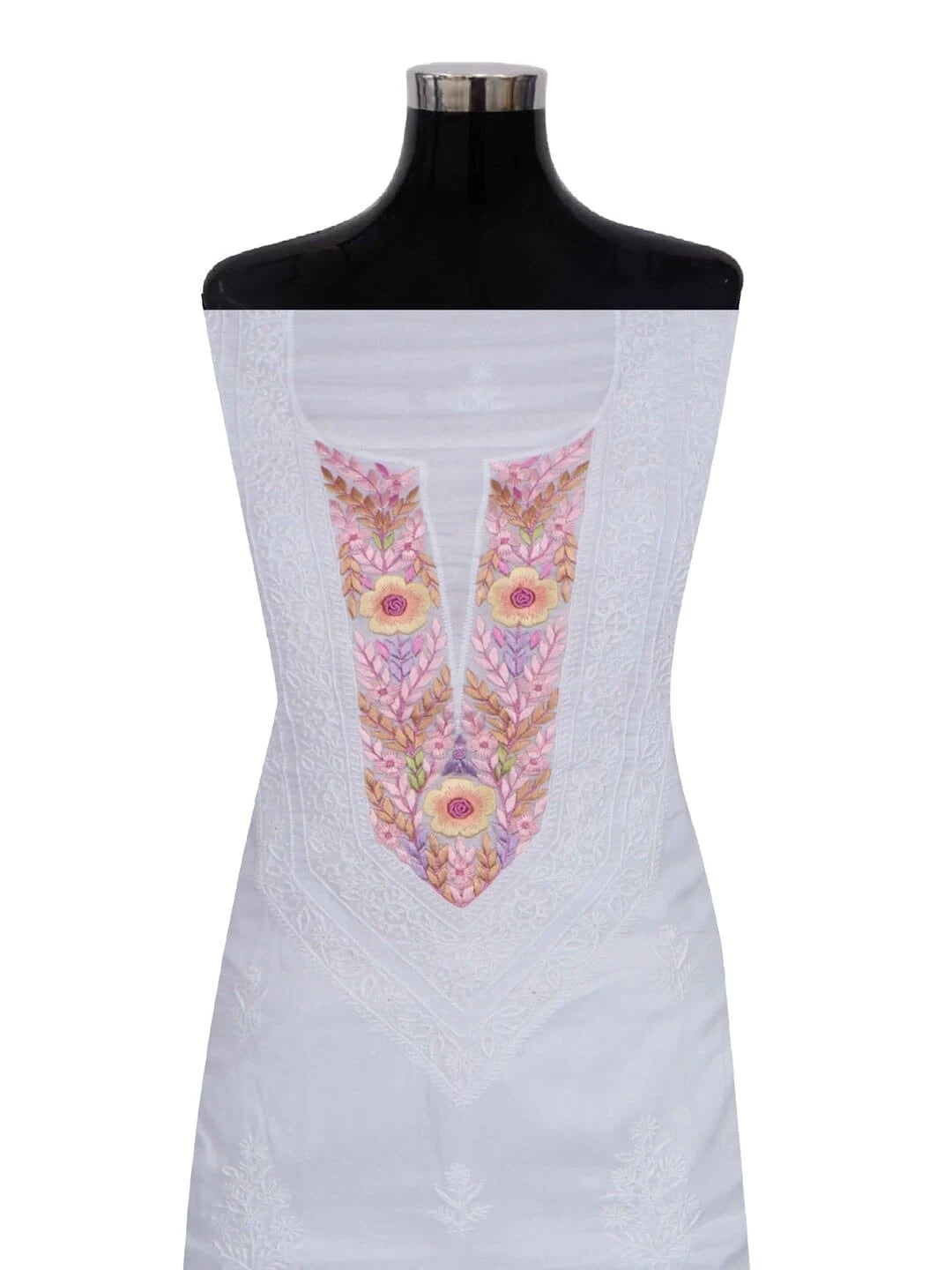 Ada Hand Embroidered White Cotton Lucknowi Chikankari Unstitched Kurta Dupatta Set With Parsi Work 01A156929