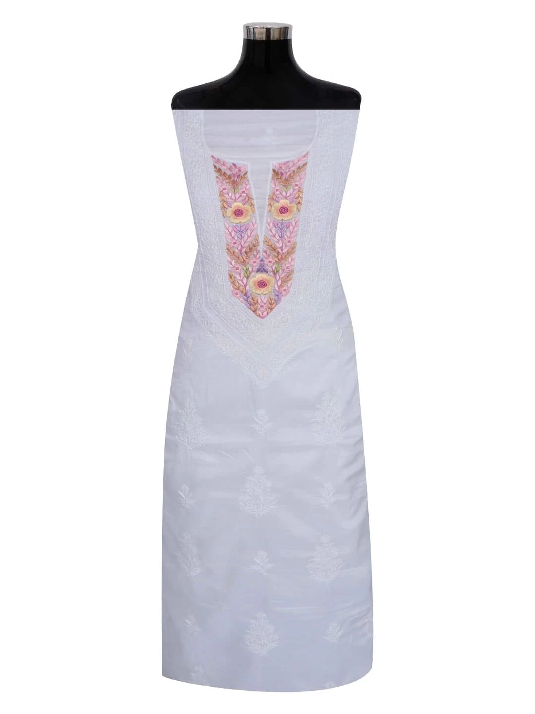 Ada Hand Embroidered White Cotton Lucknowi Chikankari Unstitched Kurta Dupatta Set With Parsi Work 01A156929
