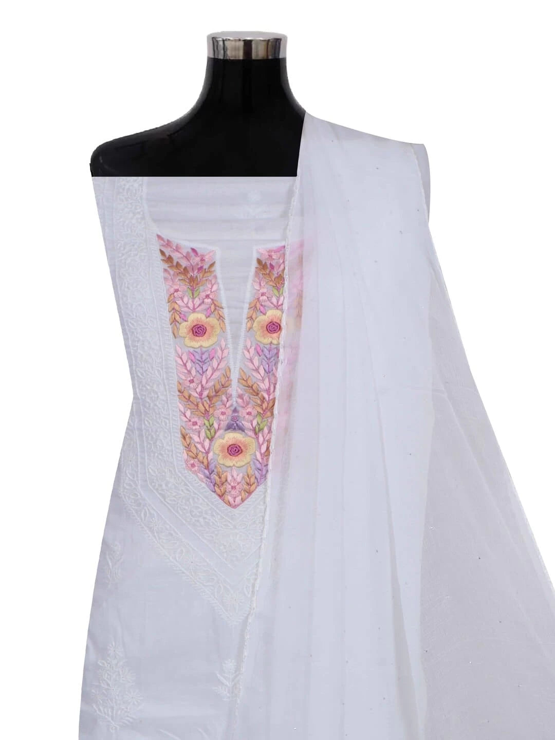 Ada Hand Embroidered White Cotton Lucknowi Chikankari Unstitched Kurta Dupatta Set With Parsi Work 01A156929
