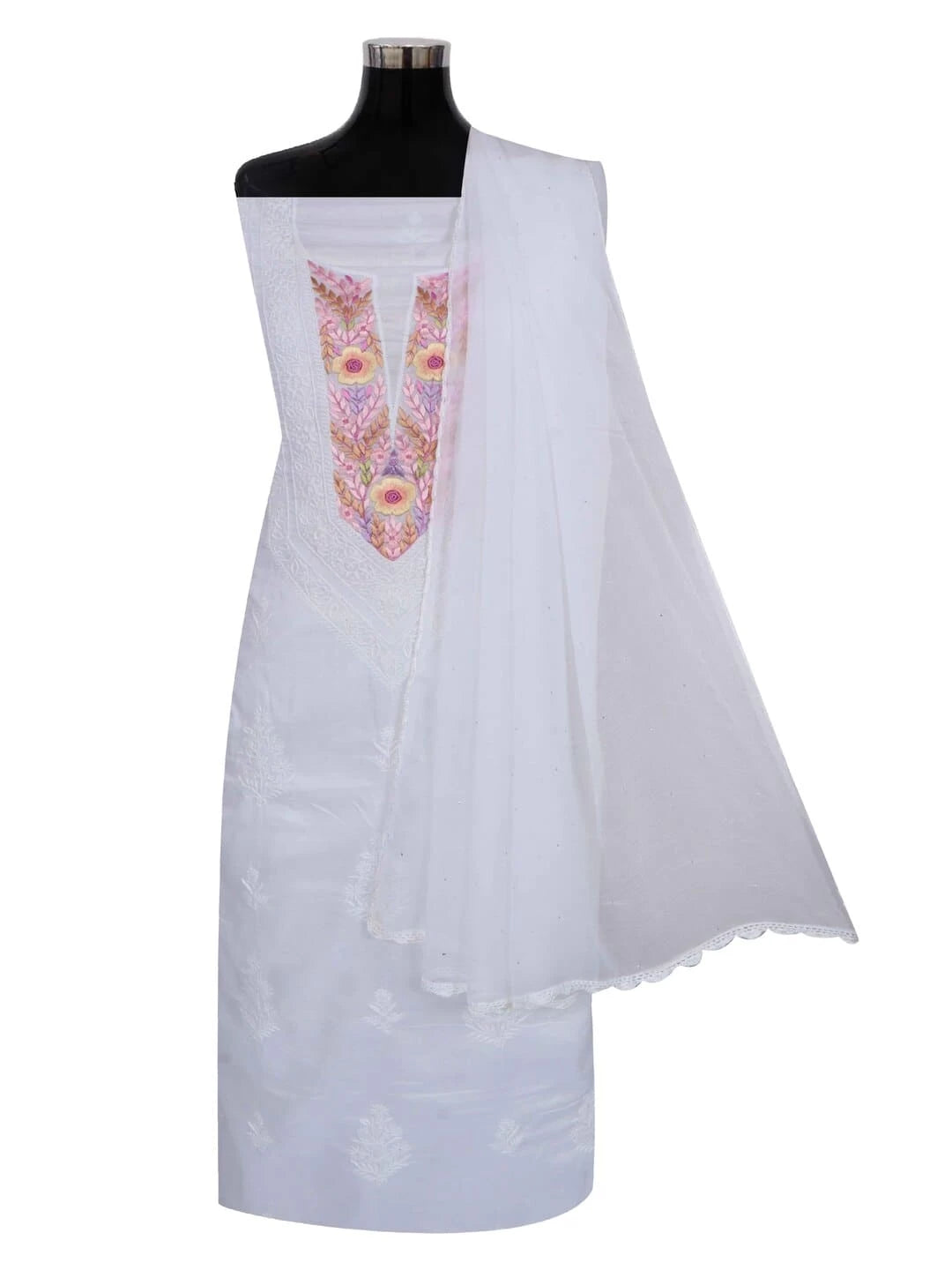 Ada Hand Embroidered White Cotton Lucknowi Chikankari Unstitched Kurta Dupatta Set With Parsi Work 01A156929