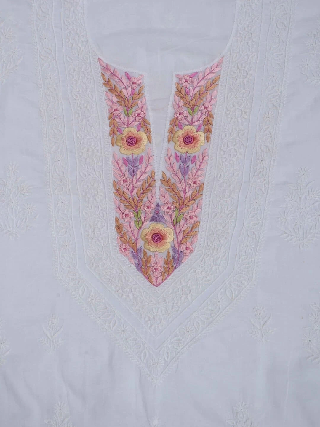 Ada Hand Embroidered White Cotton Lucknowi Chikankari Unstitched Kurta Dupatta Set With Parsi Work 01A156929