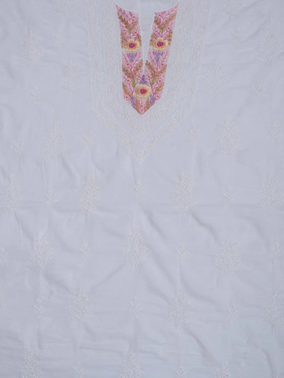 Ada Hand Embroidered White Cotton Lucknowi Chikankari Unstitched Kurta Dupatta Set With Parsi Work 01A156929