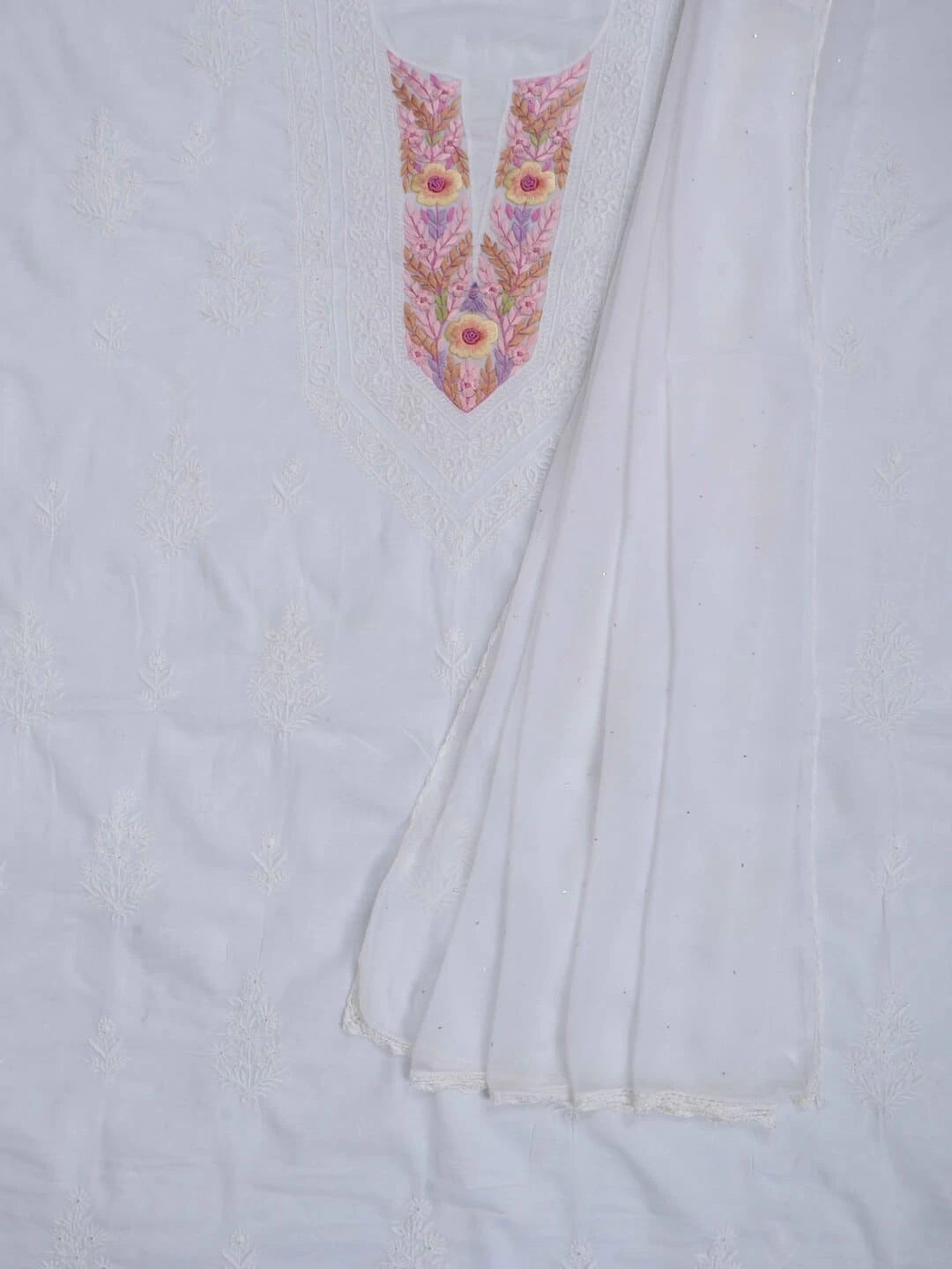 Ada Hand Embroidered White Cotton Lucknowi Chikankari Unstitched Kurta Dupatta Set With Parsi Work 01A156929