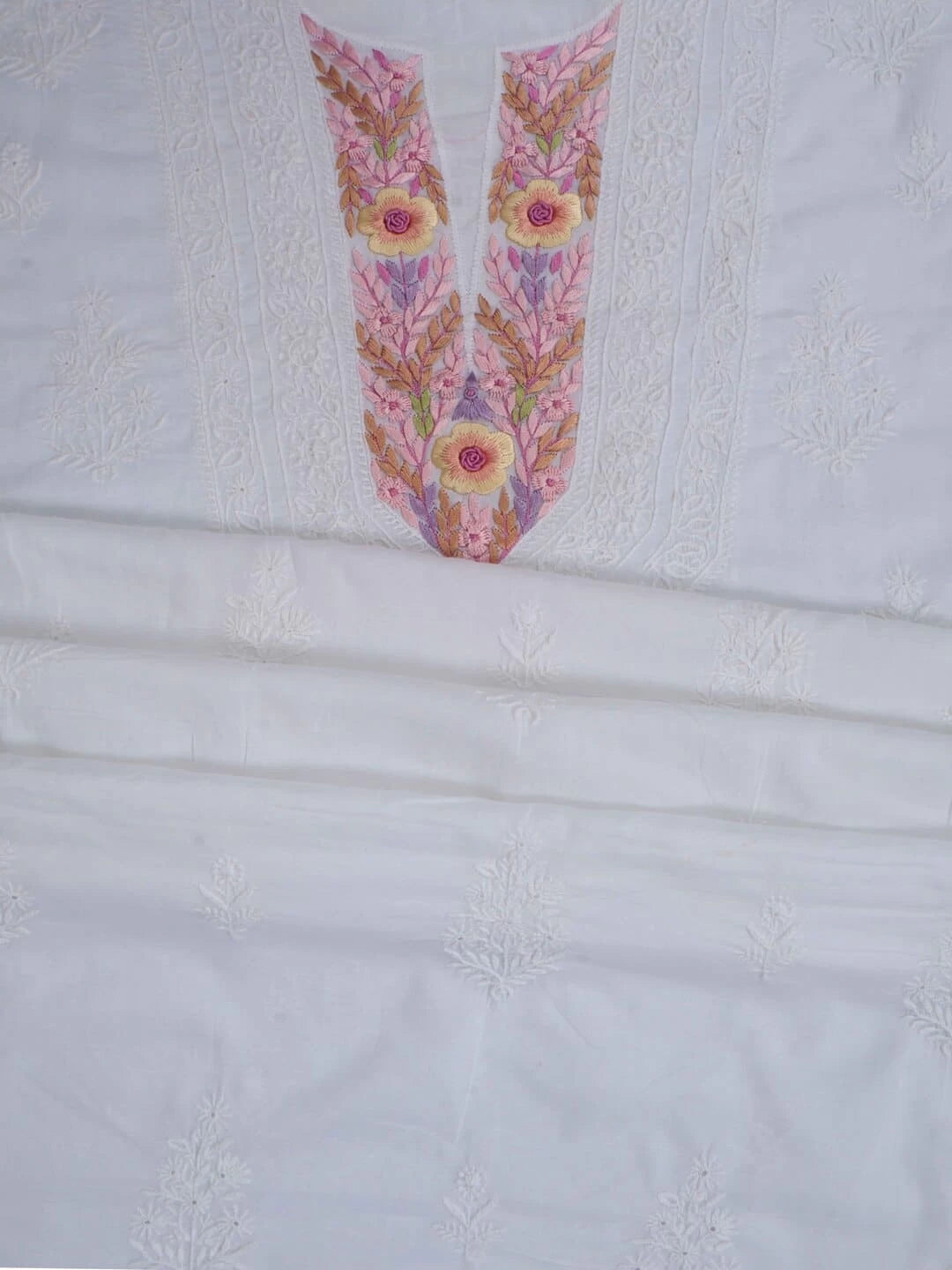 Ada Hand Embroidered White Cotton Lucknowi Chikankari Unstitched Kurta Dupatta Set With Parsi Work 01A156929