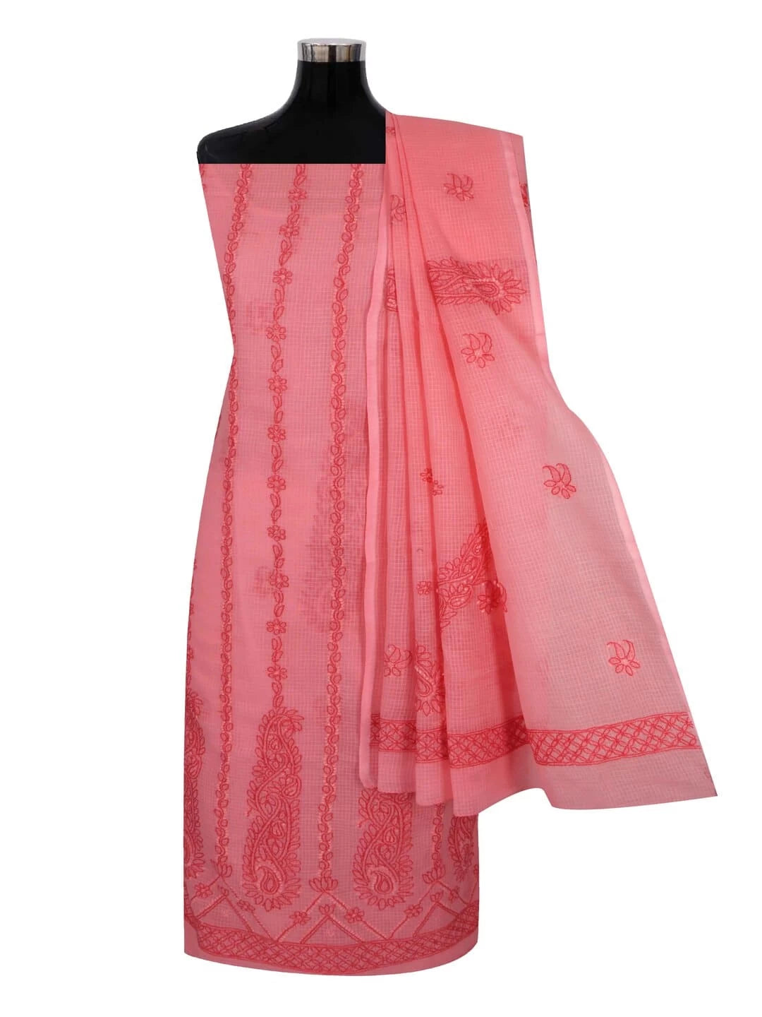 Ada Hand Embroidered Carrot Pink Kota Lucknowi Chikankari Unstitched Kurta Dupatta Set 01A222118