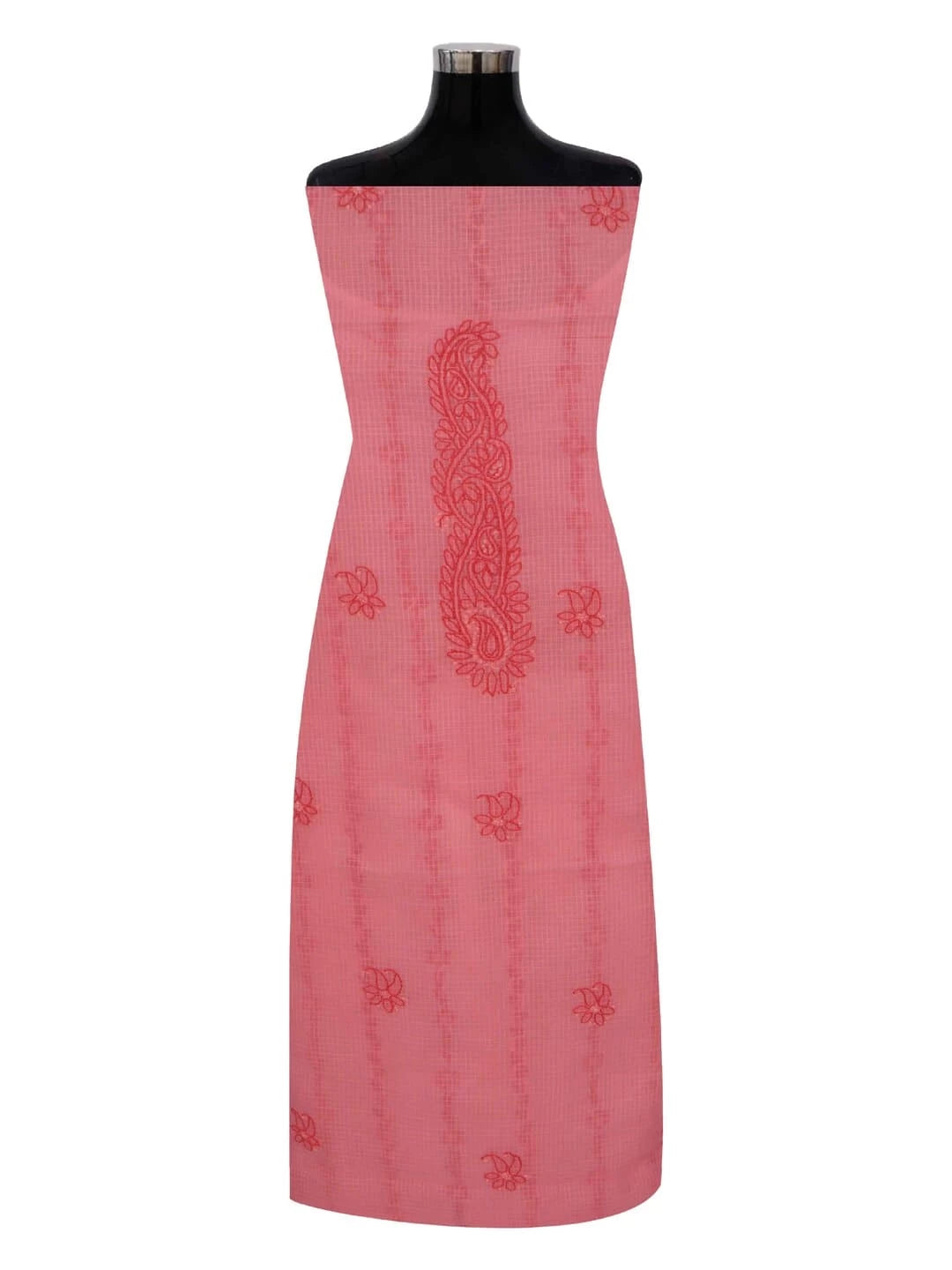 Ada Hand Embroidered Carrot Pink Kota Lucknowi Chikankari Unstitched Kurta Dupatta Set 01A222118