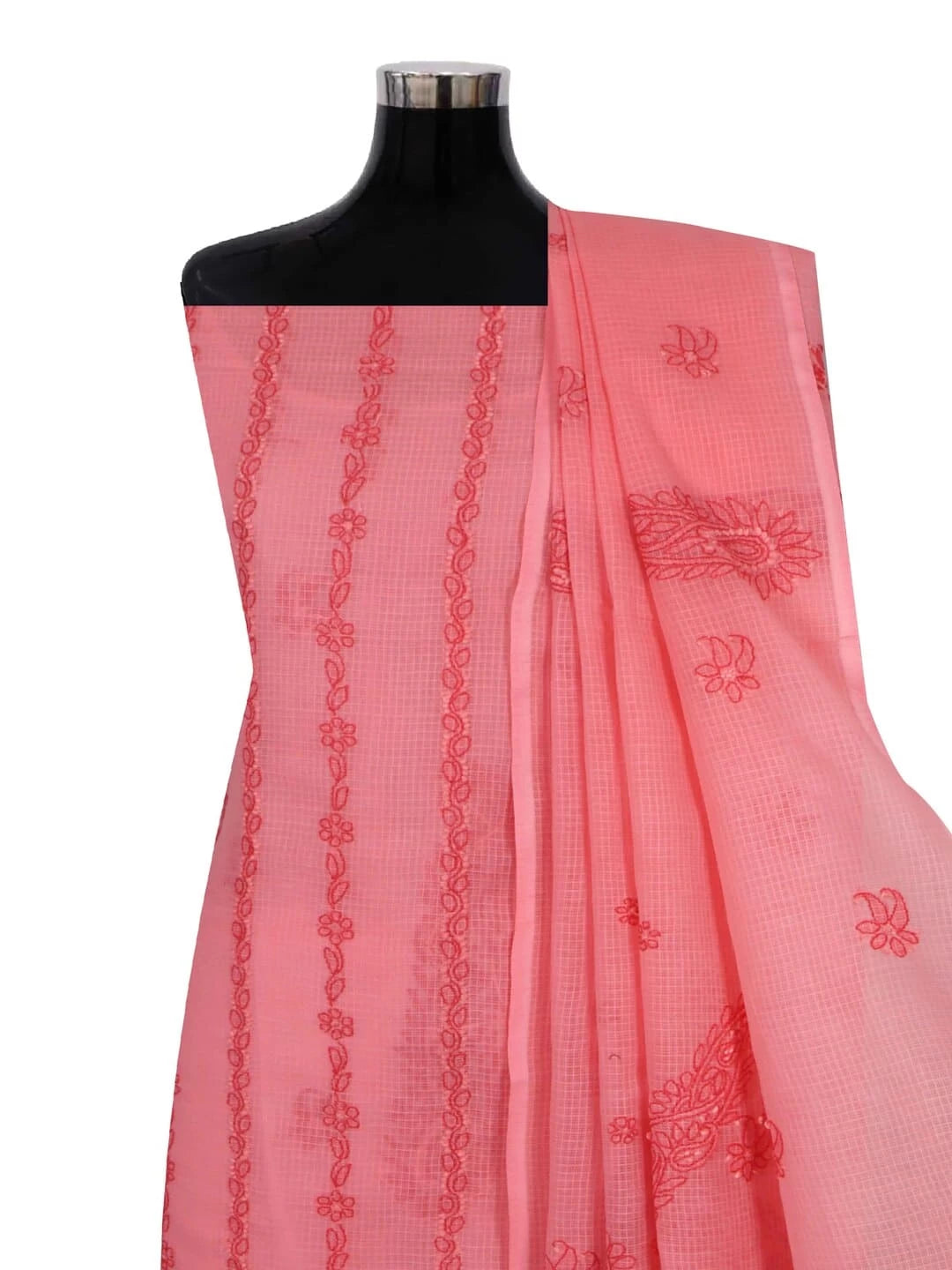 Ada Hand Embroidered Carrot Pink Kota Lucknowi Chikankari Unstitched Kurta Dupatta Set 01A222118