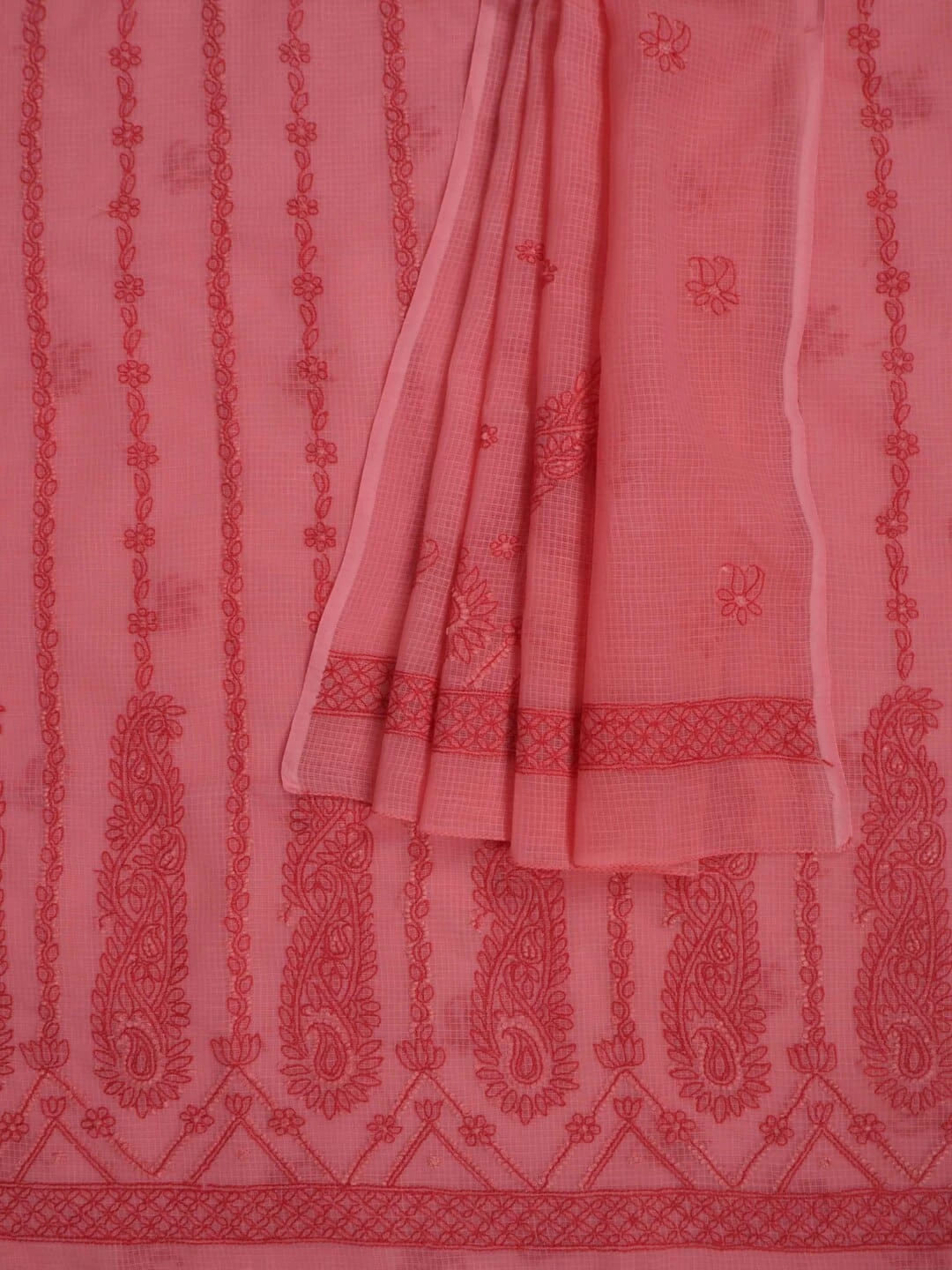 Ada Hand Embroidered Carrot Pink Kota Lucknowi Chikankari Unstitched Kurta Dupatta Set 01A222118