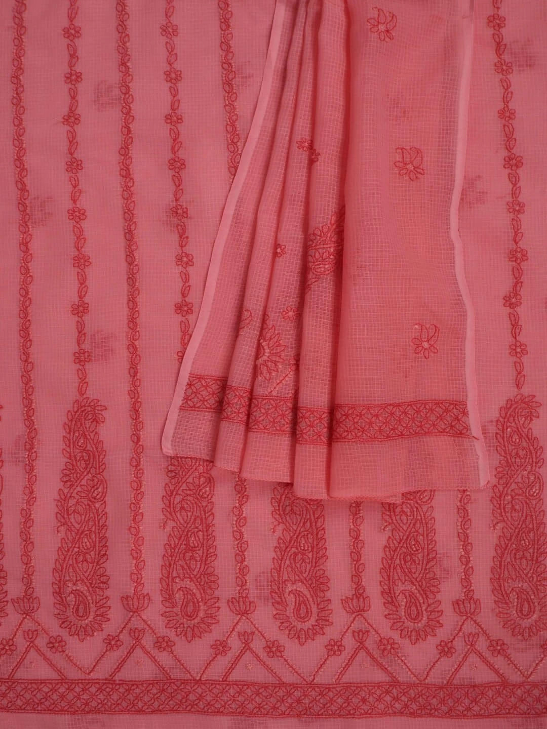 Ada Hand Embroidered Carrot Pink Kota Lucknowi Chikankari Unstitched Kurta Dupatta Set 01A222118