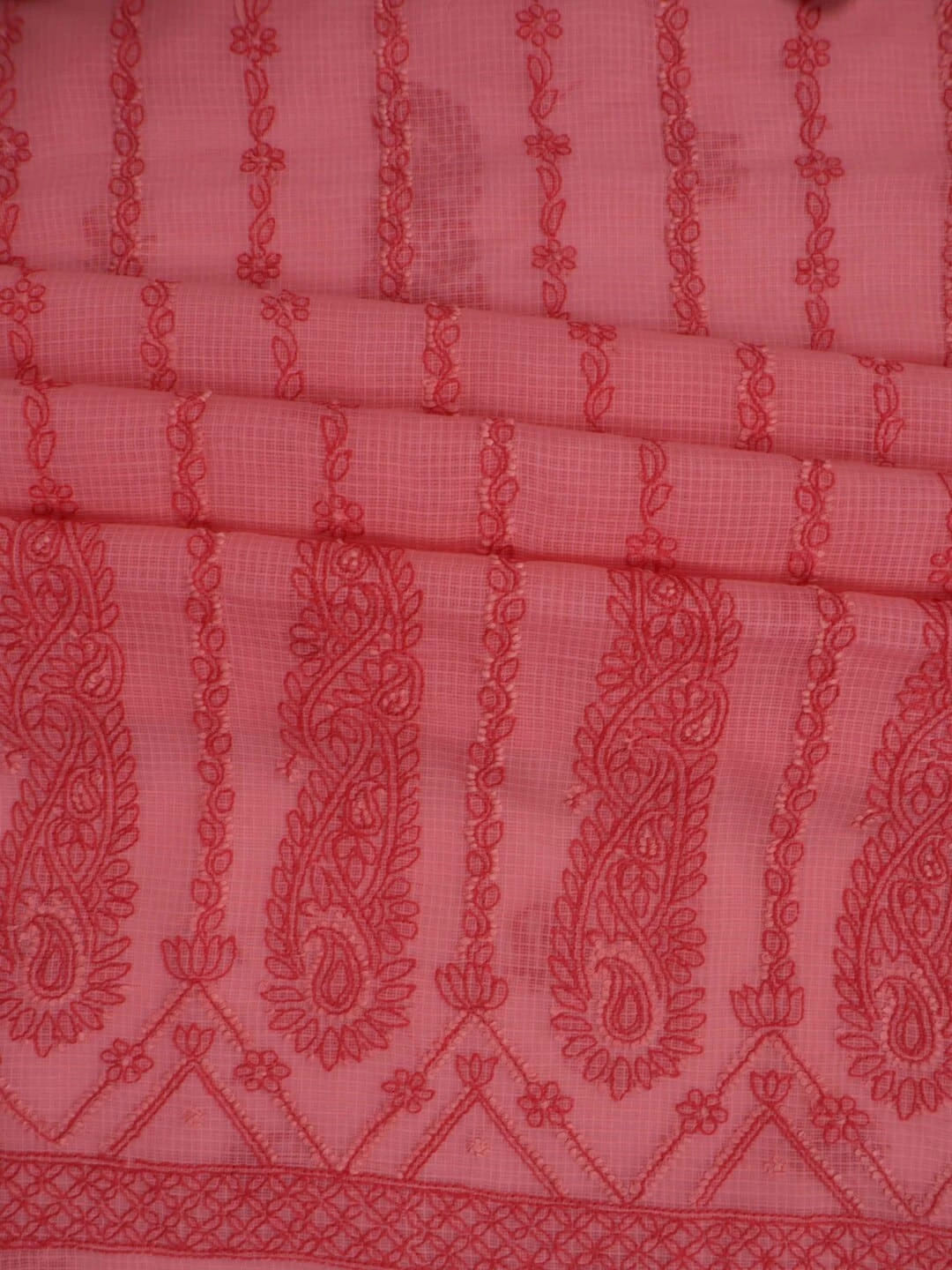 Ada Hand Embroidered Carrot Pink Kota Lucknowi Chikankari Unstitched Kurta Dupatta Set 01A222118