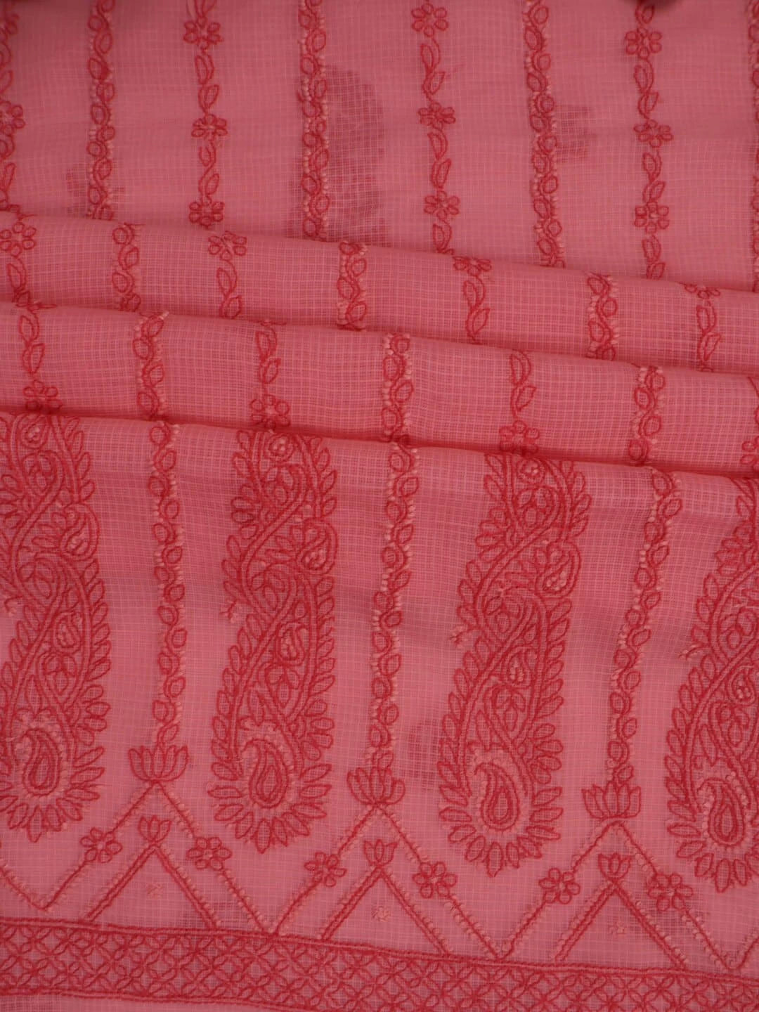 Ada Hand Embroidered Carrot Pink Kota Lucknowi Chikankari Unstitched Kurta Dupatta Set 01A222118