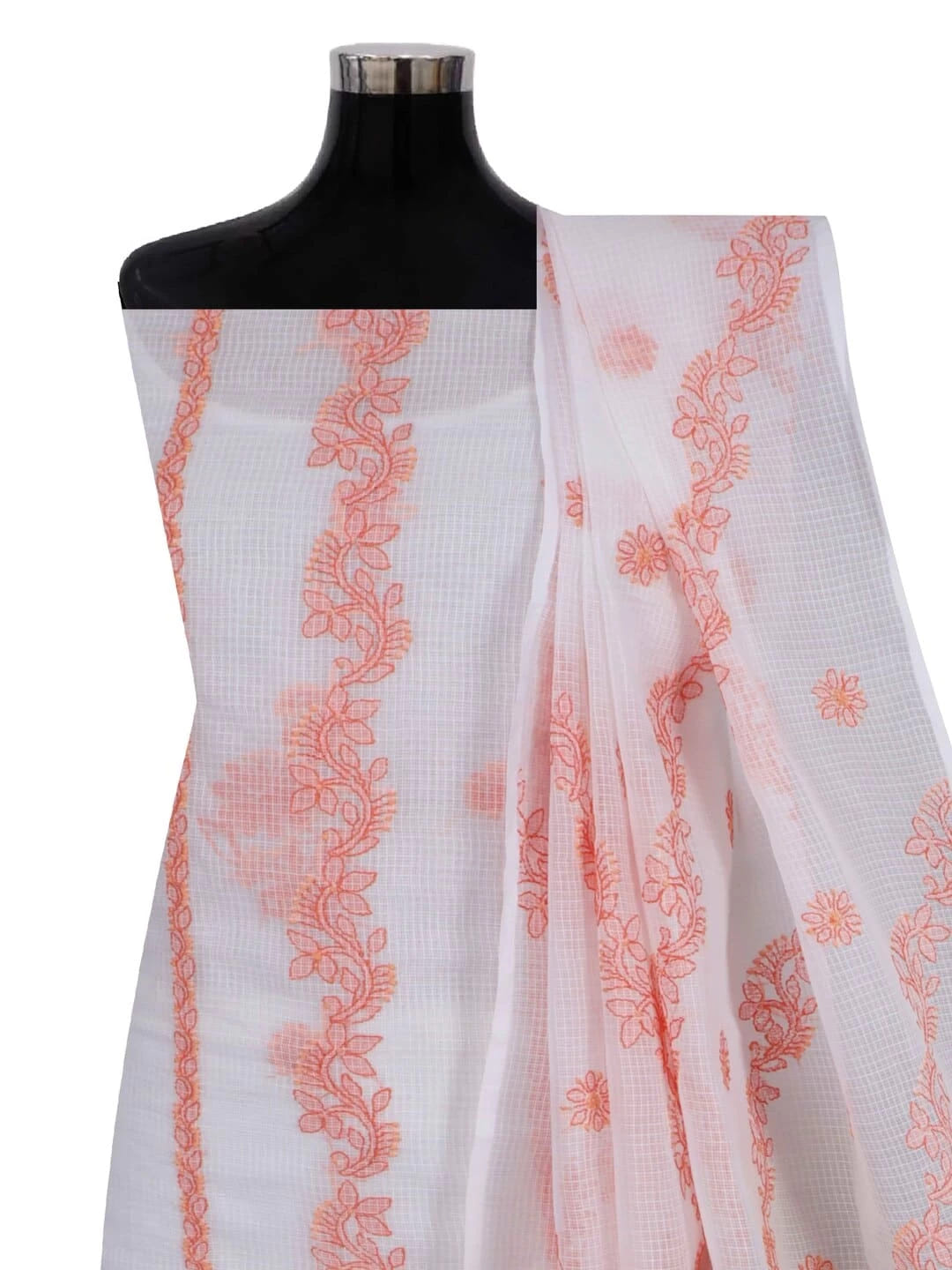Ada Hand Embroidered White Kota Lucknowi Chikankari Unstitched Kurta Dupatta Set 01A222125