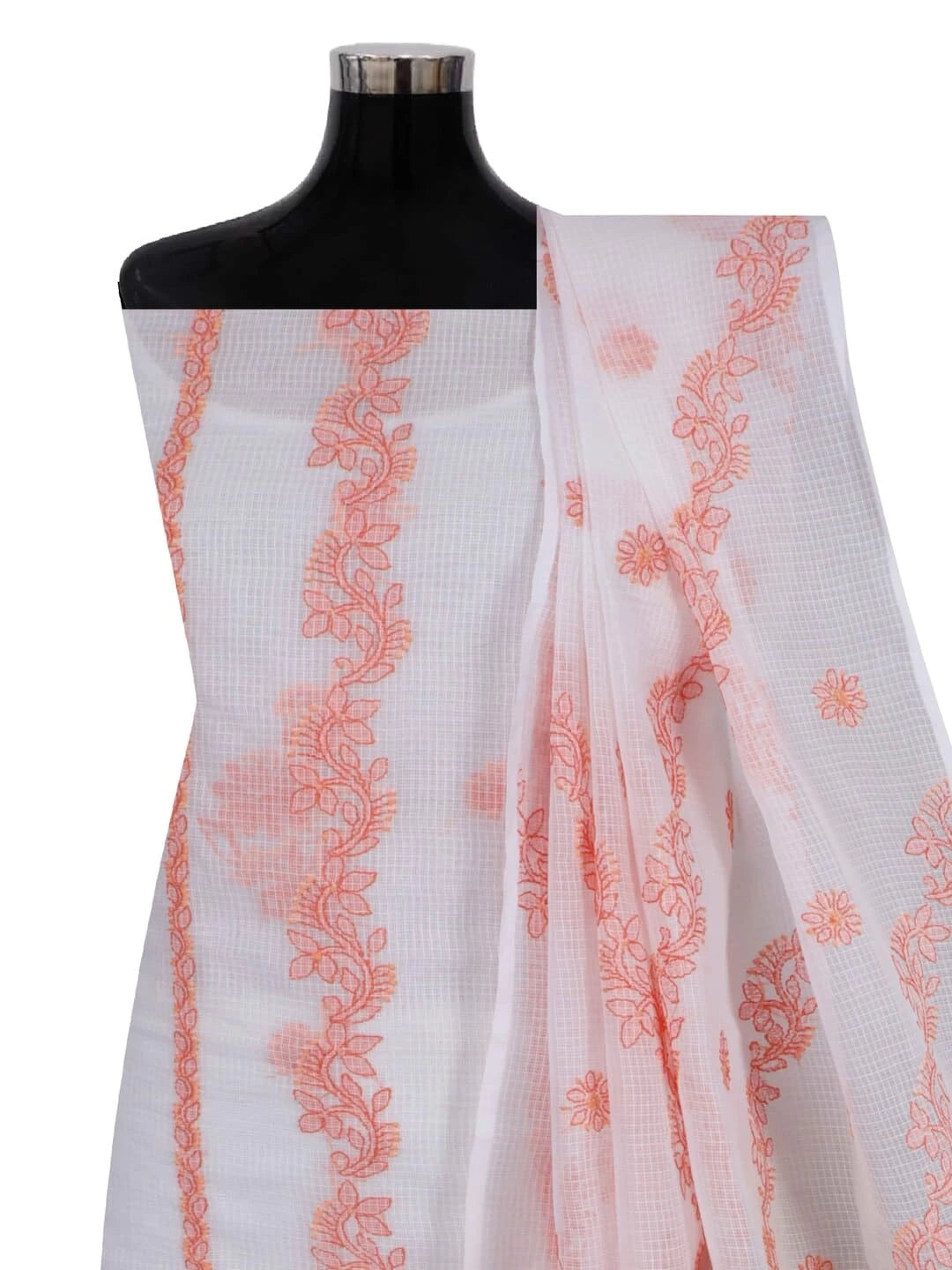 Ada Hand Embroidered White Kota Lucknowi Chikankari Unstitched Kurta Dupatta Set 01A222125