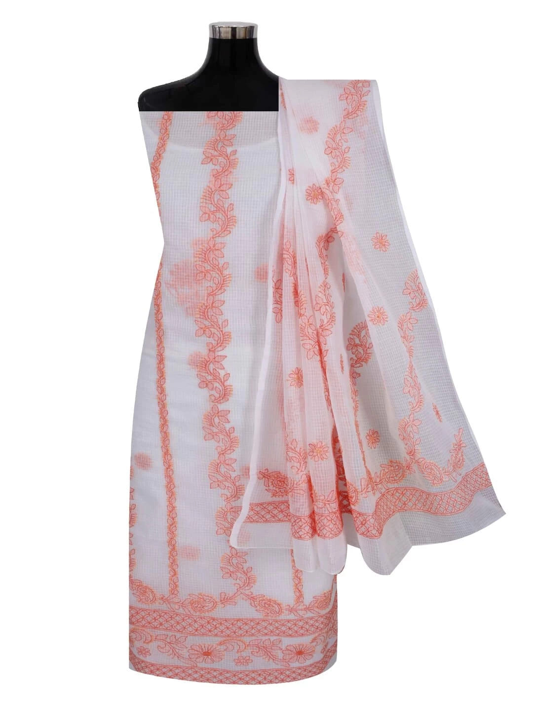Ada Hand Embroidered White Kota Lucknowi Chikankari Unstitched Kurta Dupatta Set 01A222125