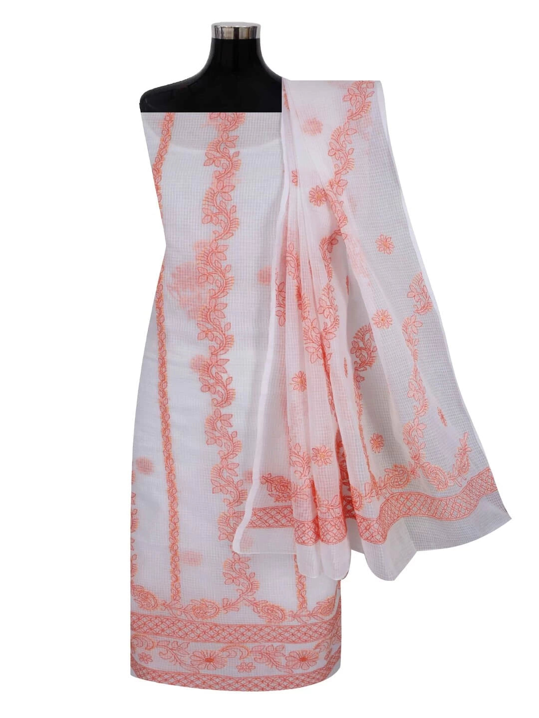 Ada Hand Embroidered White Kota Lucknowi Chikankari Unstitched Kurta Dupatta Set 01A222125