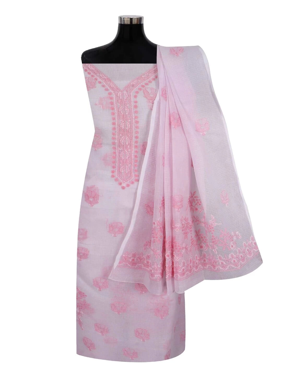 Ada Hand Embroidered Baby Pink Kota Lucknowi Chikankari Unstitched Kurta Dupatta Set A596933