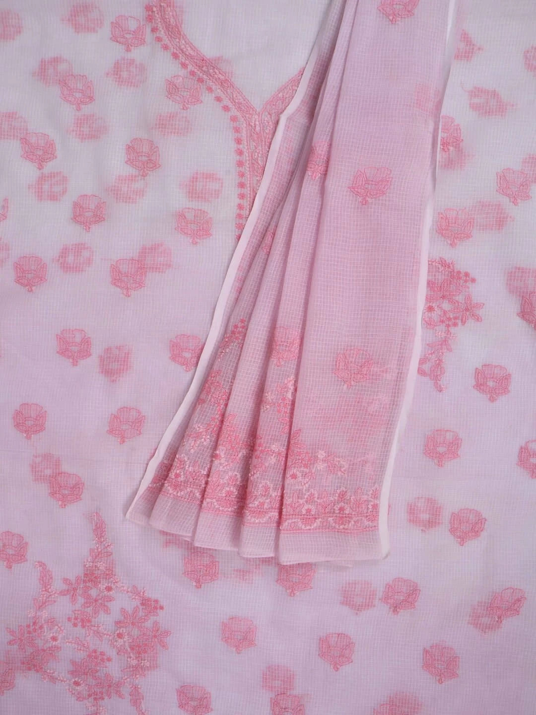 Ada Hand Embroidered Baby Pink Kota Lucknowi Chikankari Unstitched Kurta Dupatta Set A596933