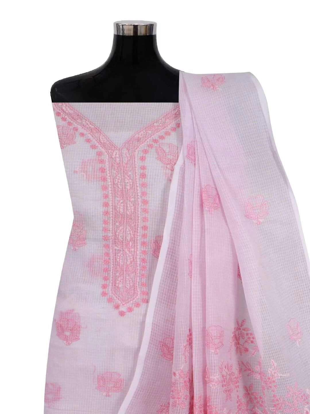 Ada Hand Embroidered Baby Pink Kota Lucknowi Chikankari Unstitched Kurta Dupatta Set A596933
