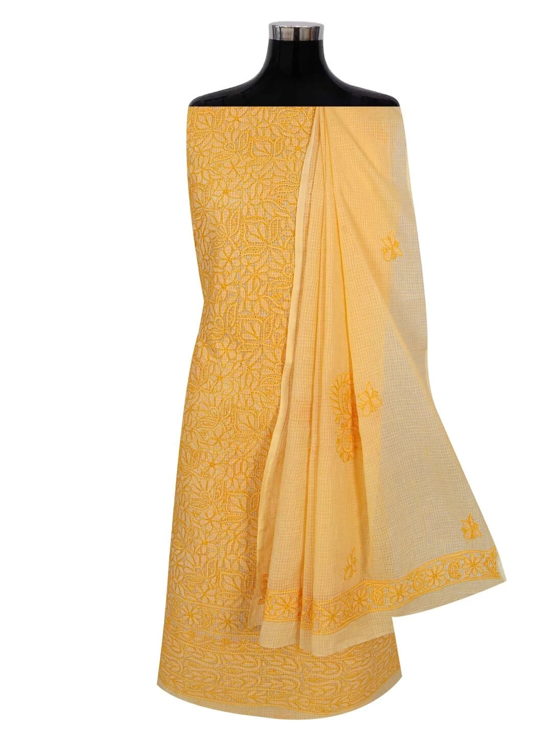 Ada Hand Embroidered Peach Orange Kota Lucknowi Chikankari Unstitched Kurta Dupatta Set 01A211009