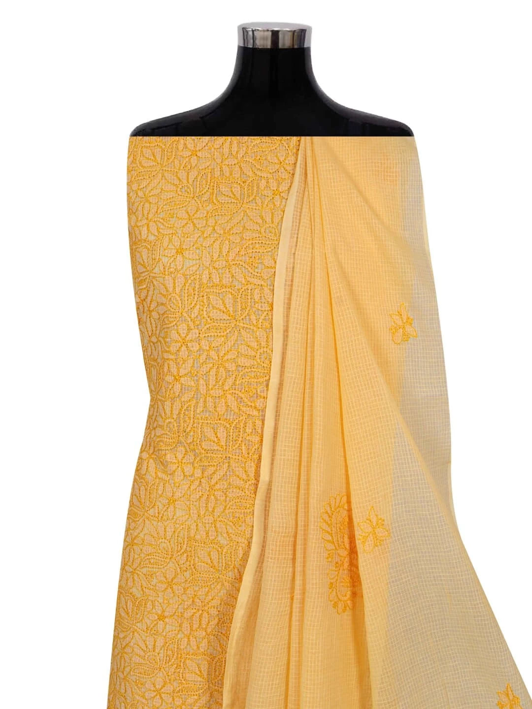 Ada Hand Embroidered Peach Orange Kota Lucknowi Chikankari Unstitched Kurta Dupatta Set 01A211009