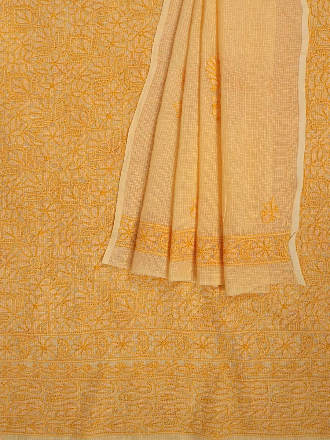 Ada Hand Embroidered Peach Orange Kota Lucknowi Chikankari Unstitched Kurta Dupatta Set 01A211009
