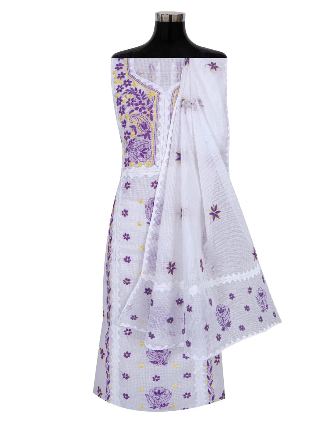 Ada Hand Embroidered White Kota Lucknowi Chikankari Unstitched Kurta Dupatta Set 01A213742
