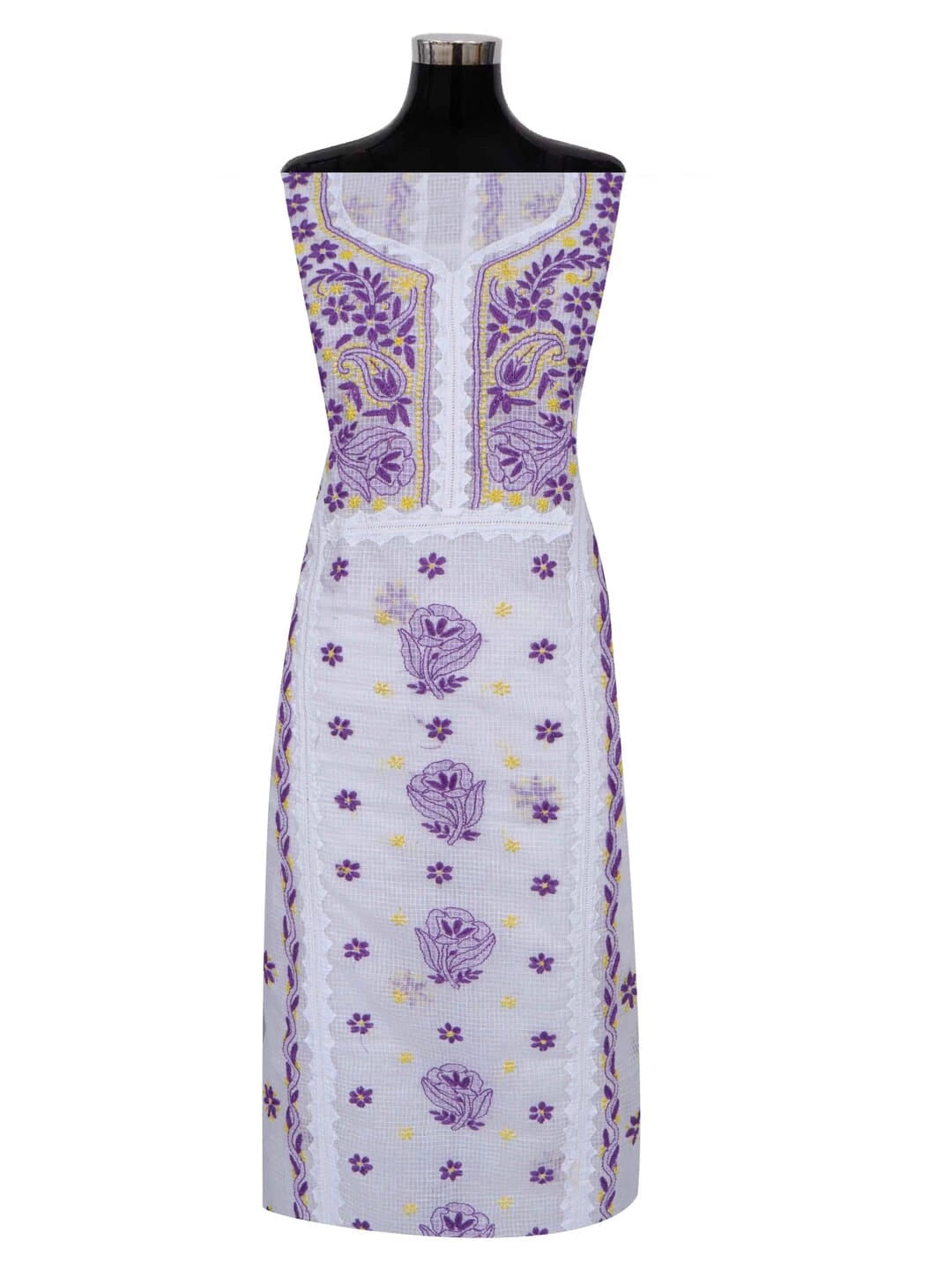 Ada Hand Embroidered White Kota Lucknowi Chikankari Unstitched Kurta Dupatta Set 01A213742