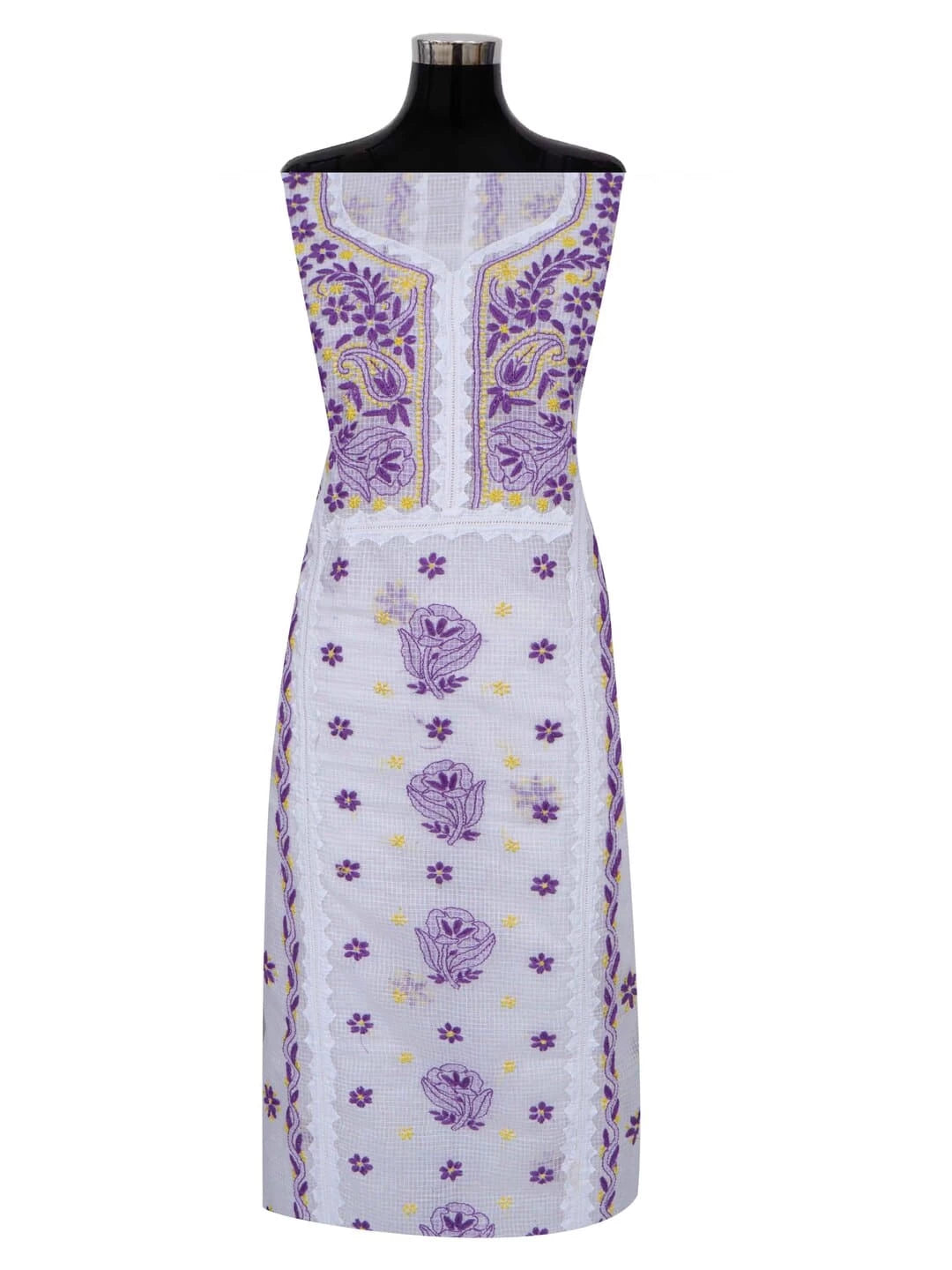 Ada Hand Embroidered White Kota Lucknowi Chikankari Unstitched Kurta Dupatta Set 01A213742