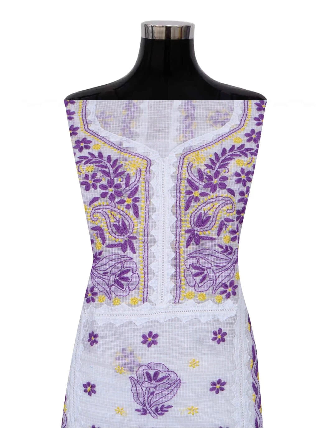 Ada Hand Embroidered White Kota Lucknowi Chikankari Unstitched Kurta Dupatta Set 01A213742