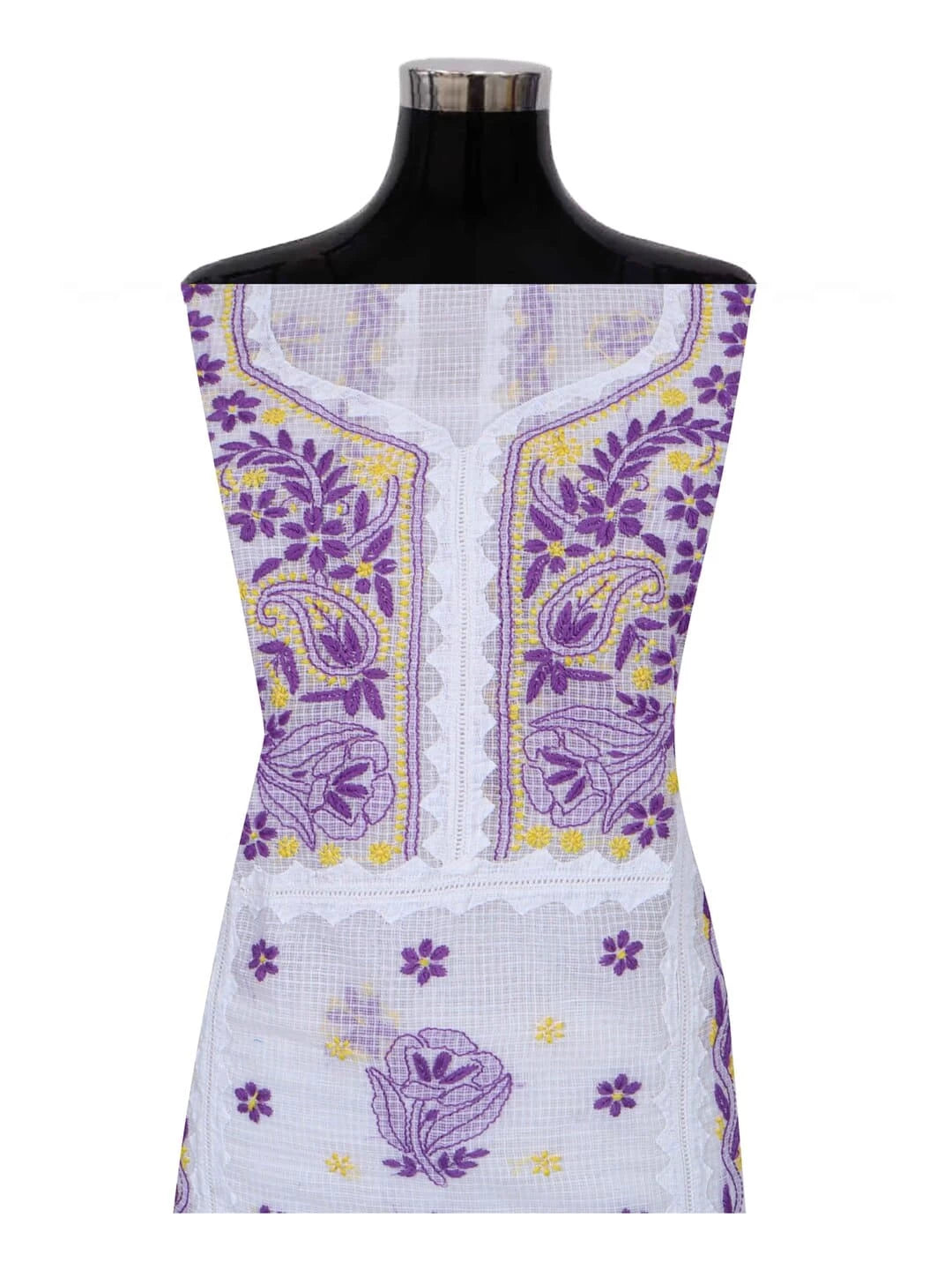 Ada Hand Embroidered White Kota Lucknowi Chikankari Unstitched Kurta Dupatta Set 01A213742