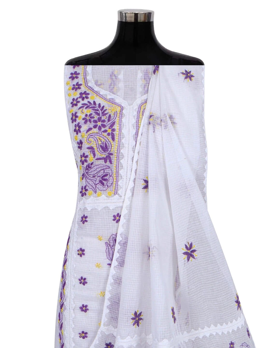 Ada Hand Embroidered White Kota Lucknowi Chikankari Unstitched Kurta Dupatta Set 01A213742