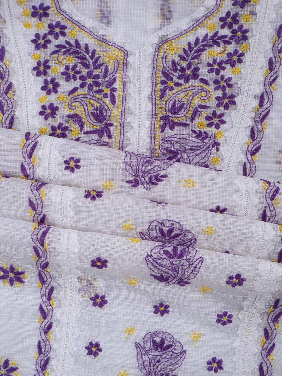 Ada Hand Embroidered White Kota Lucknowi Chikankari Unstitched Kurta Dupatta Set 01A213742