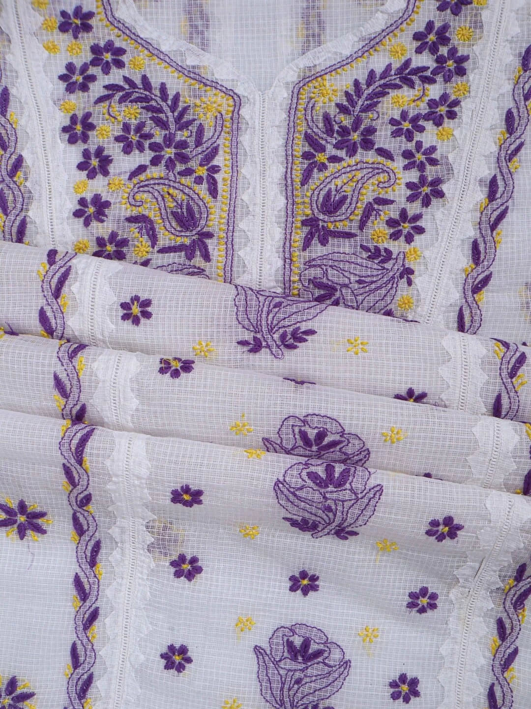 Ada Hand Embroidered White Kota Lucknowi Chikankari Unstitched Kurta Dupatta Set 01A213742