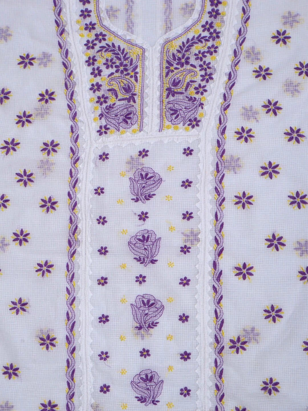 Ada Hand Embroidered White Kota Lucknowi Chikankari Unstitched Kurta Dupatta Set 01A213742