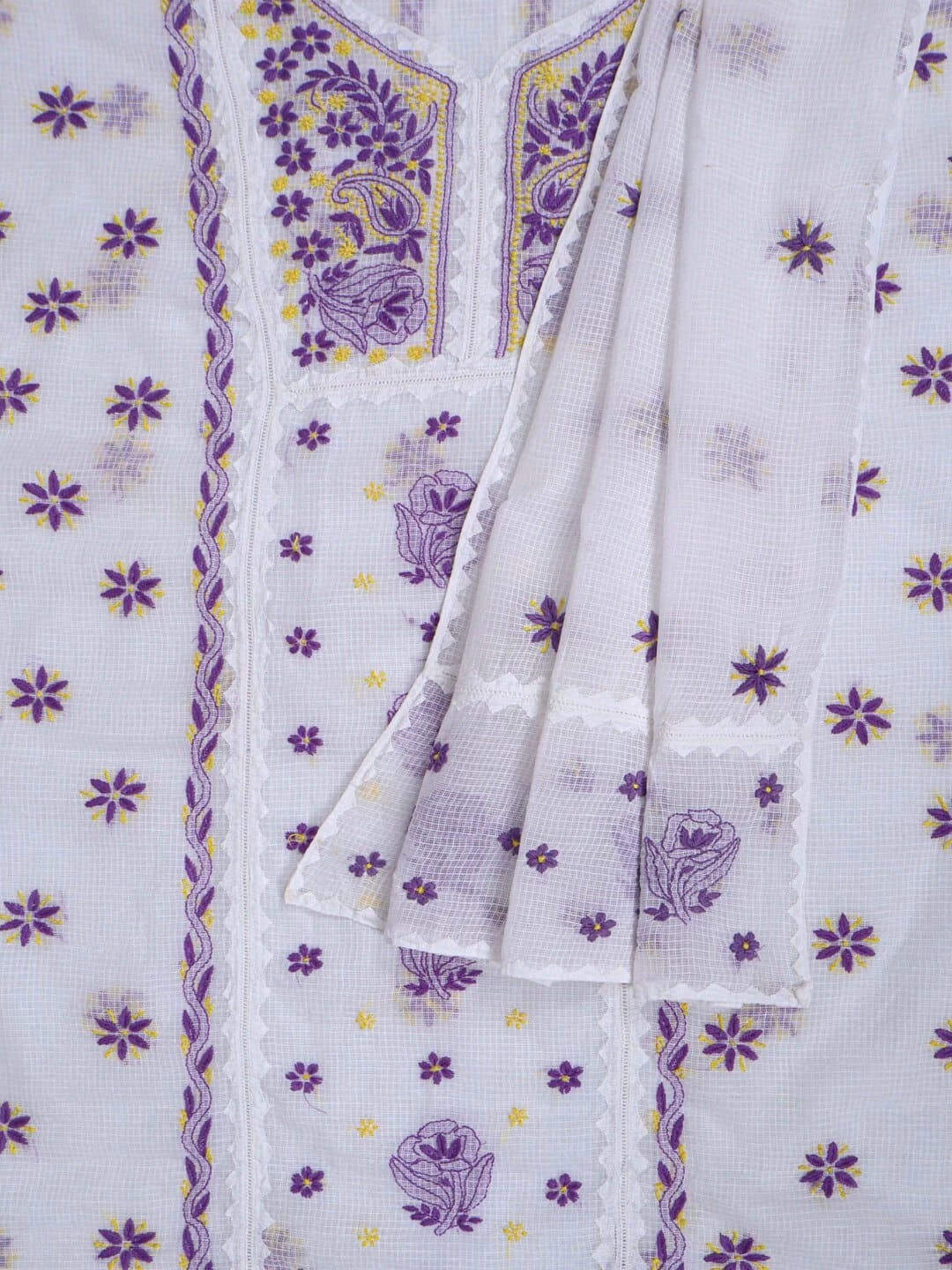 Ada Hand Embroidered White Kota Lucknowi Chikankari Unstitched Kurta Dupatta Set 01A213742