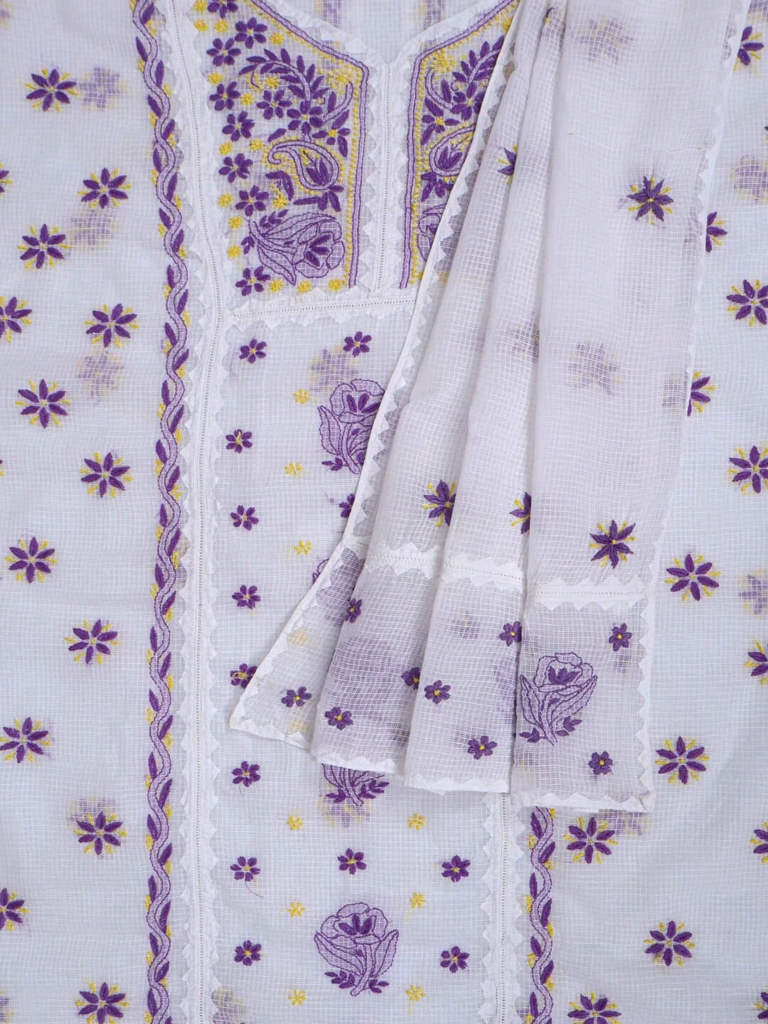 Ada Hand Embroidered White Kota Lucknowi Chikankari Unstitched Kurta Dupatta Set 01A213742